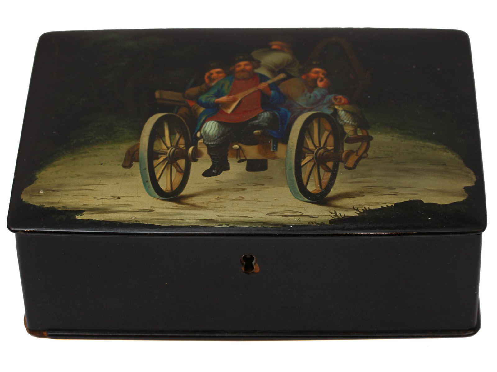 RUSSIAN LACQUERED BOX DEPICTING PEASANTS ON WAGON: Handcrafted and painted lacquer box, portraying peasants on a wagon, after hard day of work. Lukutin Manufactury, Fedoskino, ca. 1910. Dimensions: 6 3/4 x 4 3/4 x 2 1/8 in., (7.3 x 12 x 5.3 cm.)
