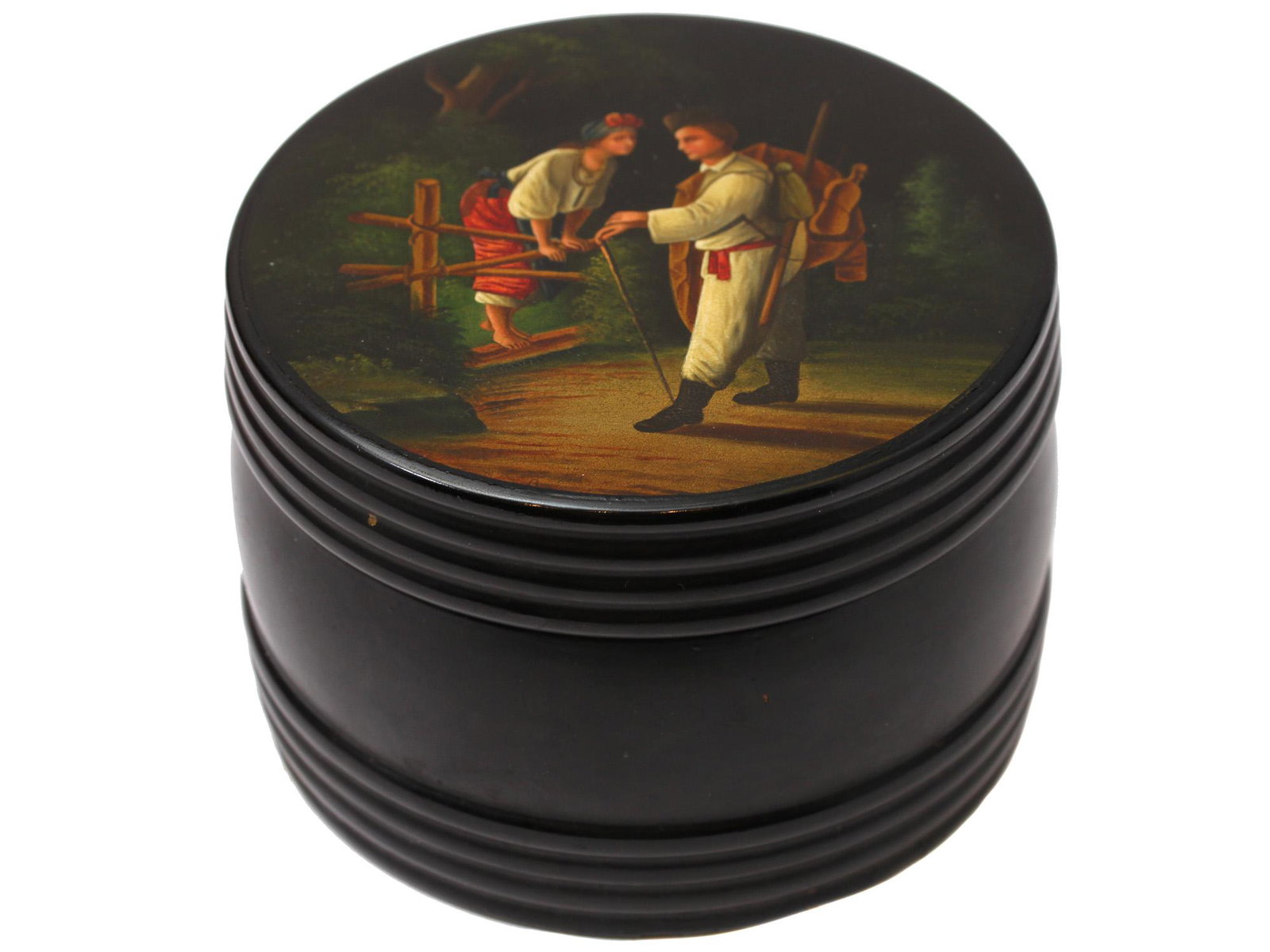 A ROUND RUSSIAN LACQUERED BOX DEPICTING A COUPLE: Handcrafted and painted lacquer box, portraying a flirting maiden with village boy. Made by Vishnyakov factory, signed on the lid interior. Dimensions: 3 3/4 in. x 5 in., (9.5 cm. x 12.7 cm.)