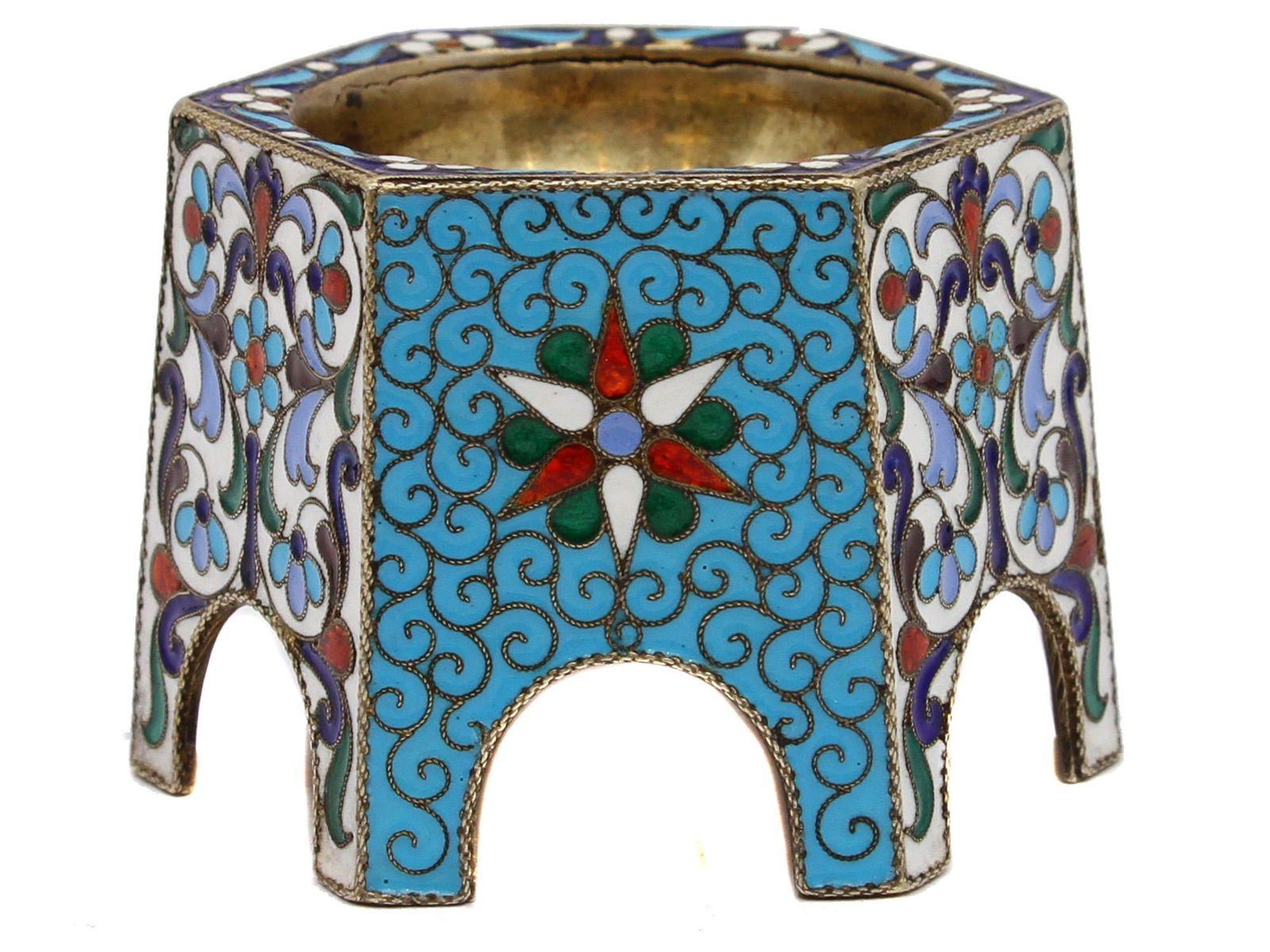 A RUSSIAN ENAMEL SILVER SALT CELLAR BY GRACHEV: A Russian gilt silver salt cellar on three legs with cloisonne enamel exterior. Hallmarked: GRACHEV, AP, 88. Weight: 1.72 oz., 48.9 g. Dimensions: H: 1 3/4 in., (4 cm.)
