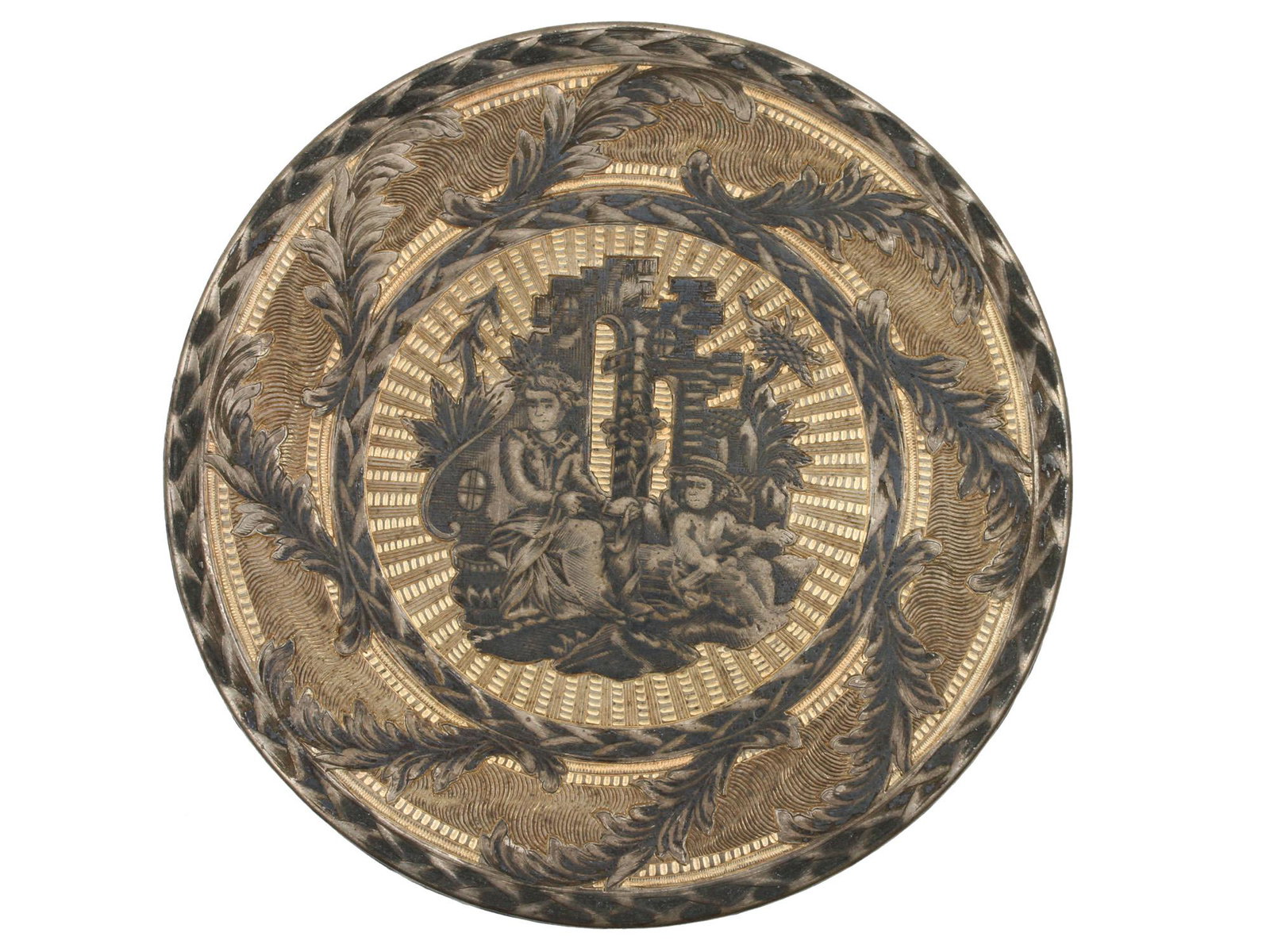 AN EARLY RUSSIAN GILT SILVER NIELLO SNUFF BOX: Circular, the detachable cover and base nielloed with pastoral scenes on scalloped ground, within two laurel bands and flower garlands; interior gilt. Hallmarks: MA. St. George Weight: 3.5 oz., 98 g. 