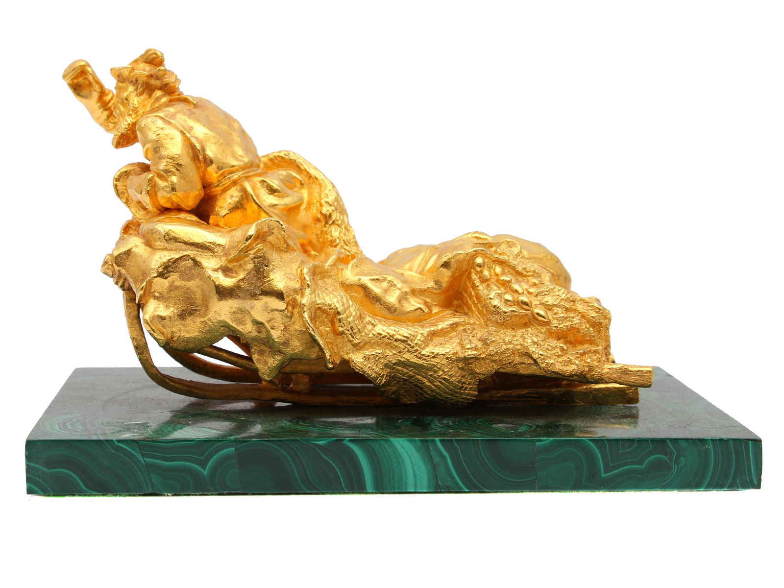 A GRACHEV RUSSIAN GILT BRONZE ON SLEDS: A Russian gilt bronze on marble base by Grachev depicting peasant on sleds. Ca. 19th century. Dimensions: 7 3.4 x 5 1/2 in., (19 x 13.5 cm.)