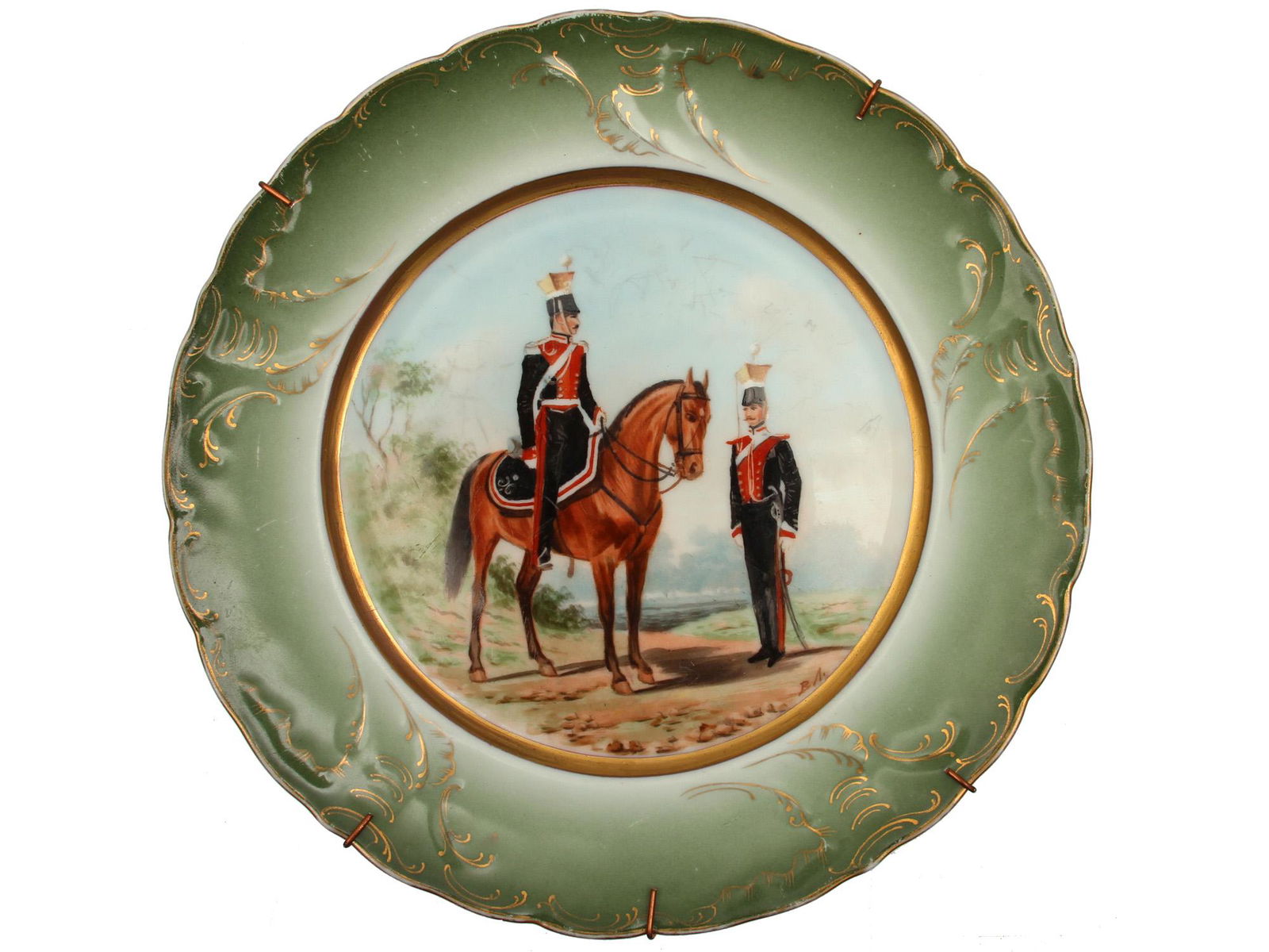 A RUSSIAN ANTIQUE KUZNETSOV MILITARY PLATE: A Russian porcelain hand painted plate by Kuznetsov depicting mounted officer and standing by NCO in shako. Marked on the reverse in blue ink MS KUZNETSOV surmounted by Russian Imperial double-headed
