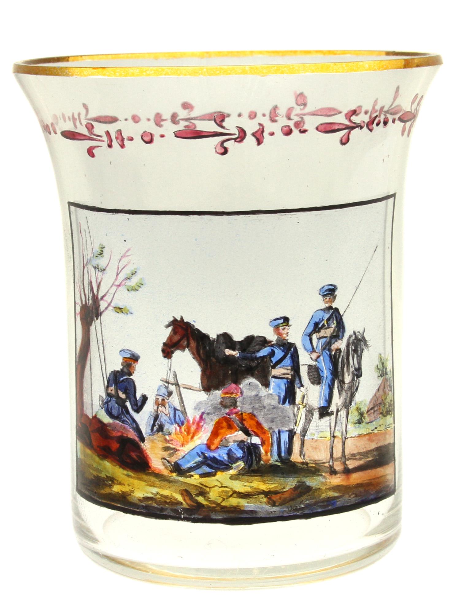 A RUSSIAN HAND PAINTED GLASS DEPICTING COSSACKS: An early 19th century Russian antique enamel hand painted glass depicting Cossacks at rest of the Napoleonic wars (reign of Alexander I). Ca. 1810. Dimensions: H: 3 3/8 in., (8 cm.)
