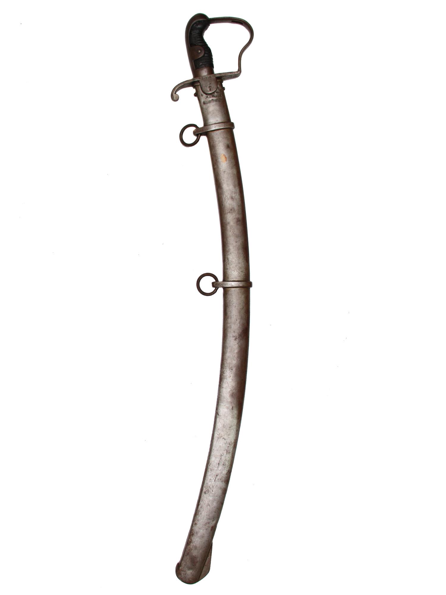 GERMAN BLUCHER CAVALRY SWORD SABRE M1811: Steel D-guard hilt with leather wrapped handle (leather is missing on one side), blade is stamped "159" on the rib, stamped on the guard and scabbard with multiple inspection and regimental marks and 