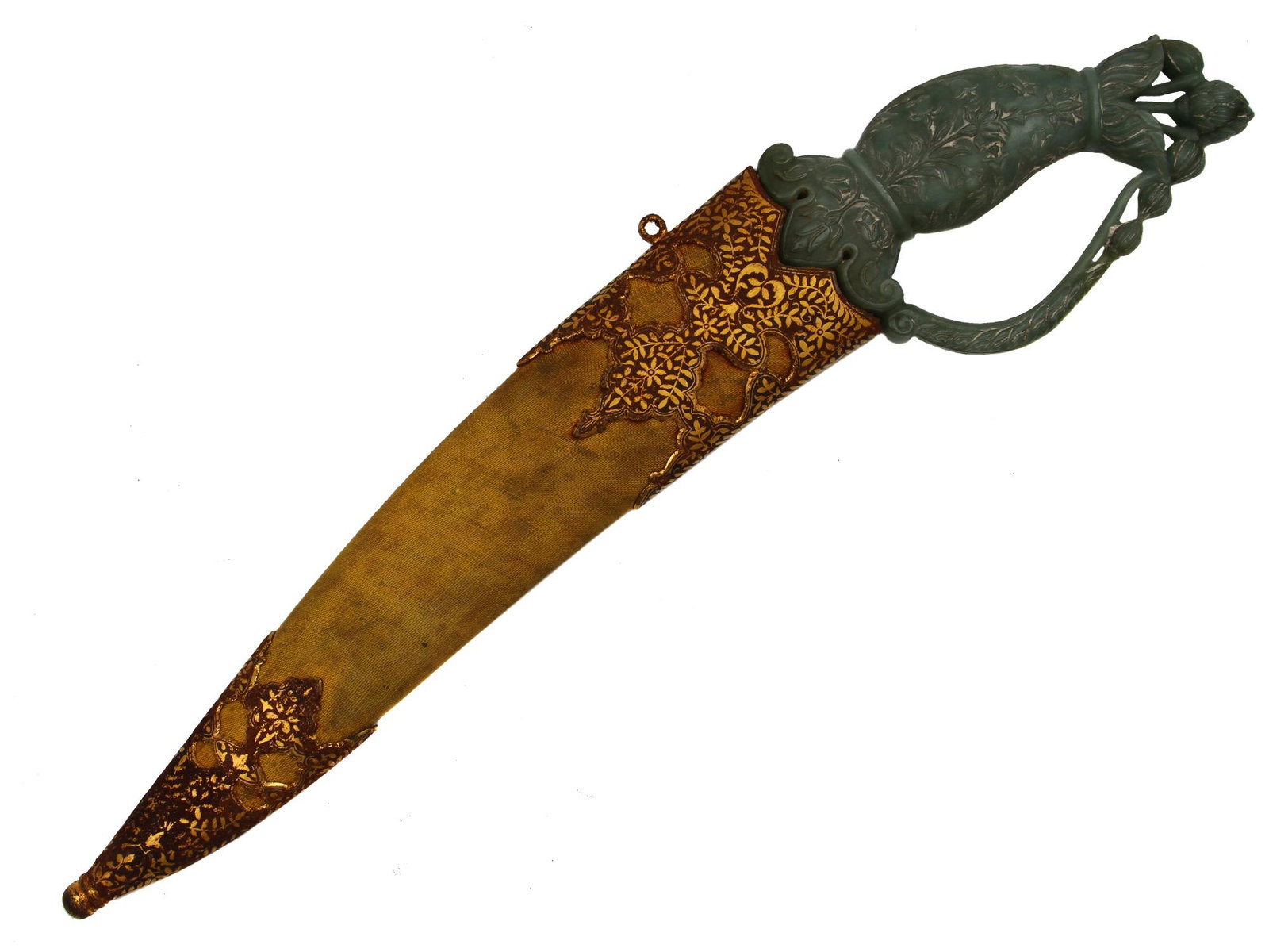 MUGHAL STILE DAGGER WITH JADE GRIP MUGHAL: Slightly curved blade of Wootz steel with pronounced central ridge and armor piercing pit. Carved jade hilt decorated with floral motif. Wooden scabbard covered with original velvet, steel mounts feat