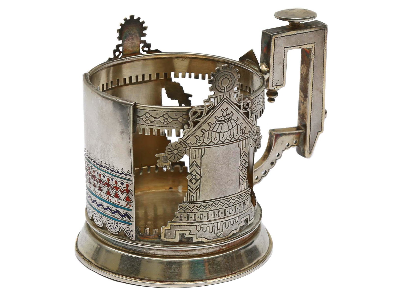 A RUSSIAN SILVER AND ENAMEL TEA GLASS HOLDER 19 C: A gilt-silver engraved and enameled Russian silver tea glass holder in Pan-Slavic style. Hallmarks: A.A, 1890, 84 proof, St. George, A. Weight: 6.3 oz., 178 g. Dimensions: H: 3 5/8 in., (9.2 cm.)