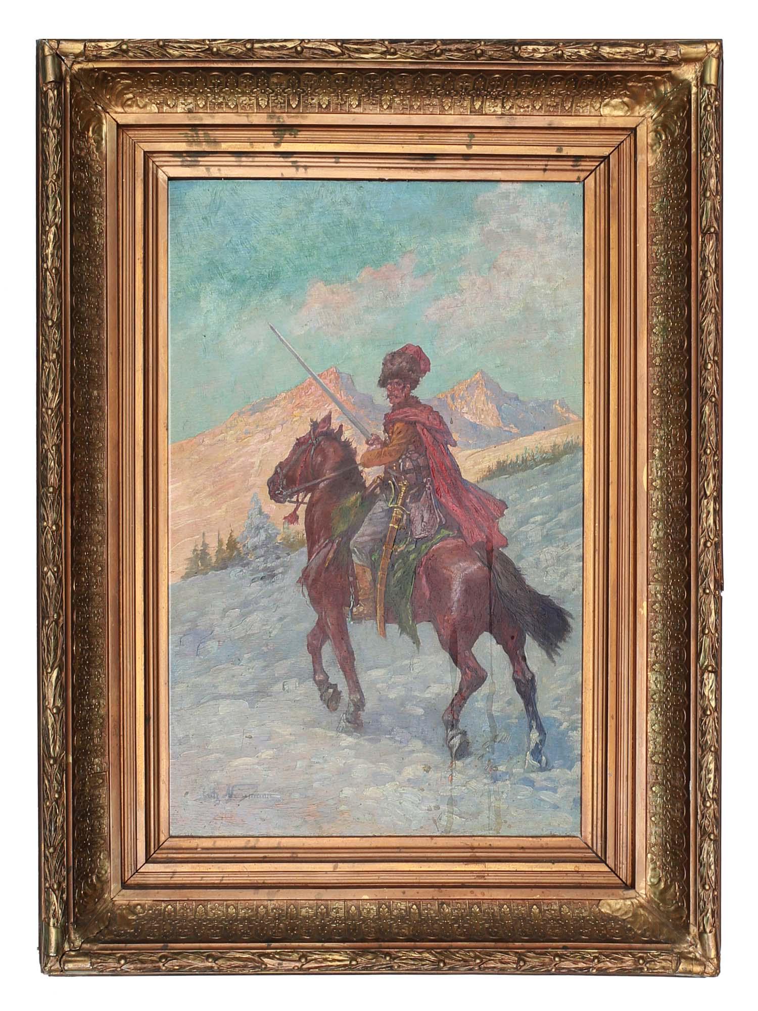 A FITZ NEUMANN OIL PAINTING MOUNTED COSSACK, 19 C: A Fritz Neumann (1881-1919) framed oil painting depicting a mounted Cossack with drawn saber (shashka) in the mounts. Signed lower left. Dimensions: Frame: 32 x 23 3/4 in., (81 x 60 cm.)