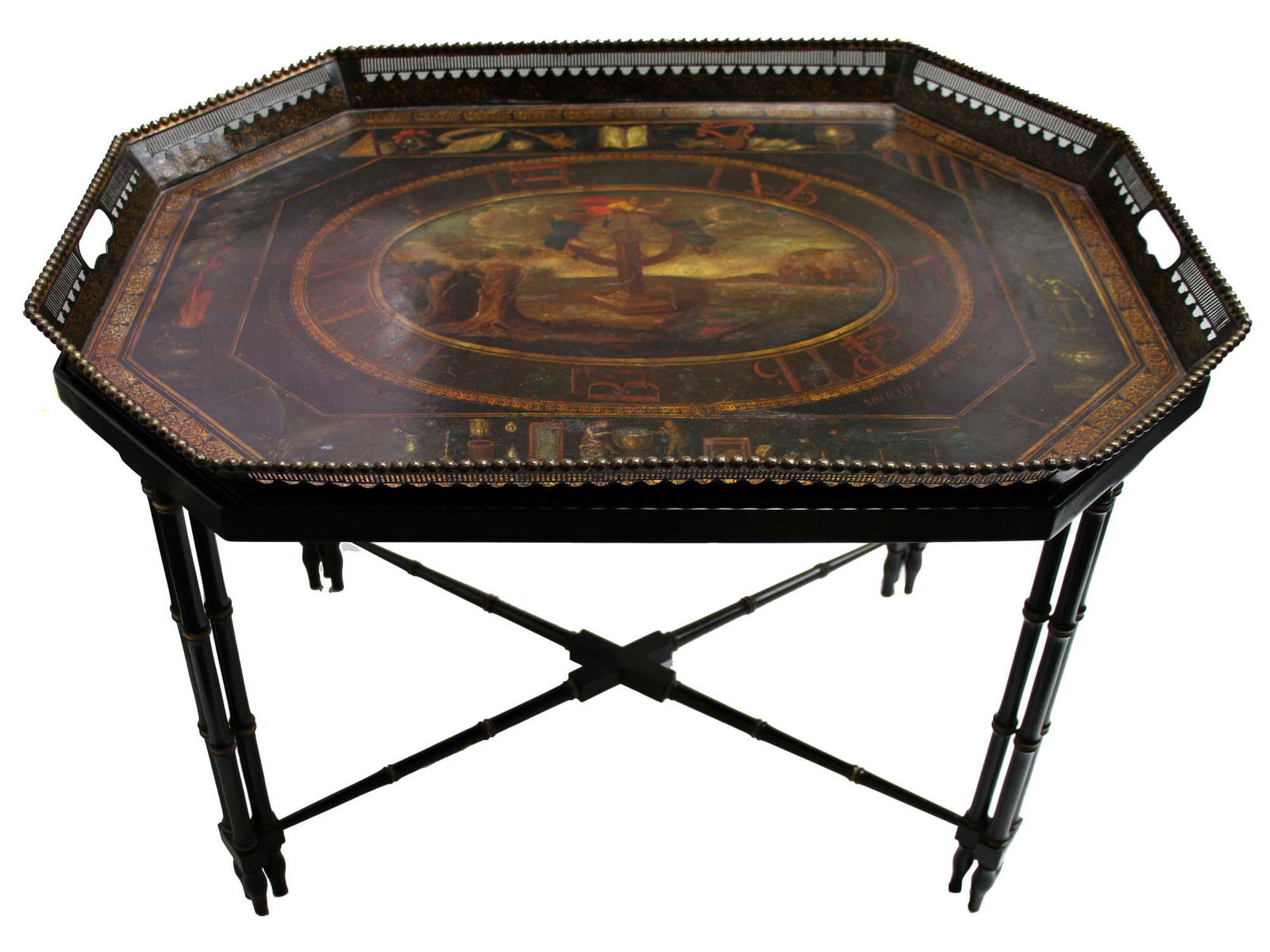 AN ANTIQUE RUSSIAN HAND-PAINTED TOLE TRAY TABLE: Antique Russian tole tray with custom made wooden base painted in black. Made for the Russian Imperial Royalty in the Town of Tagil, ca. 1850's. The top is decorated with surrealistic painting. Around