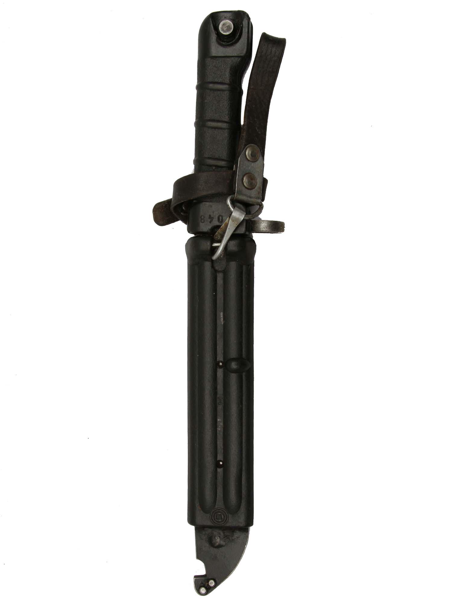 AK-74 AKM KALASHNIKOV BAYONET, BULGARIAN: Model 74 (127B) bayonet, marked with Bulgarian Arsenal Circled 10 mark, matching numbers "5048" on the grip and scabbard, original leather hanger. Dimensions: L: 13 1/5 in., (34.5 cm.)