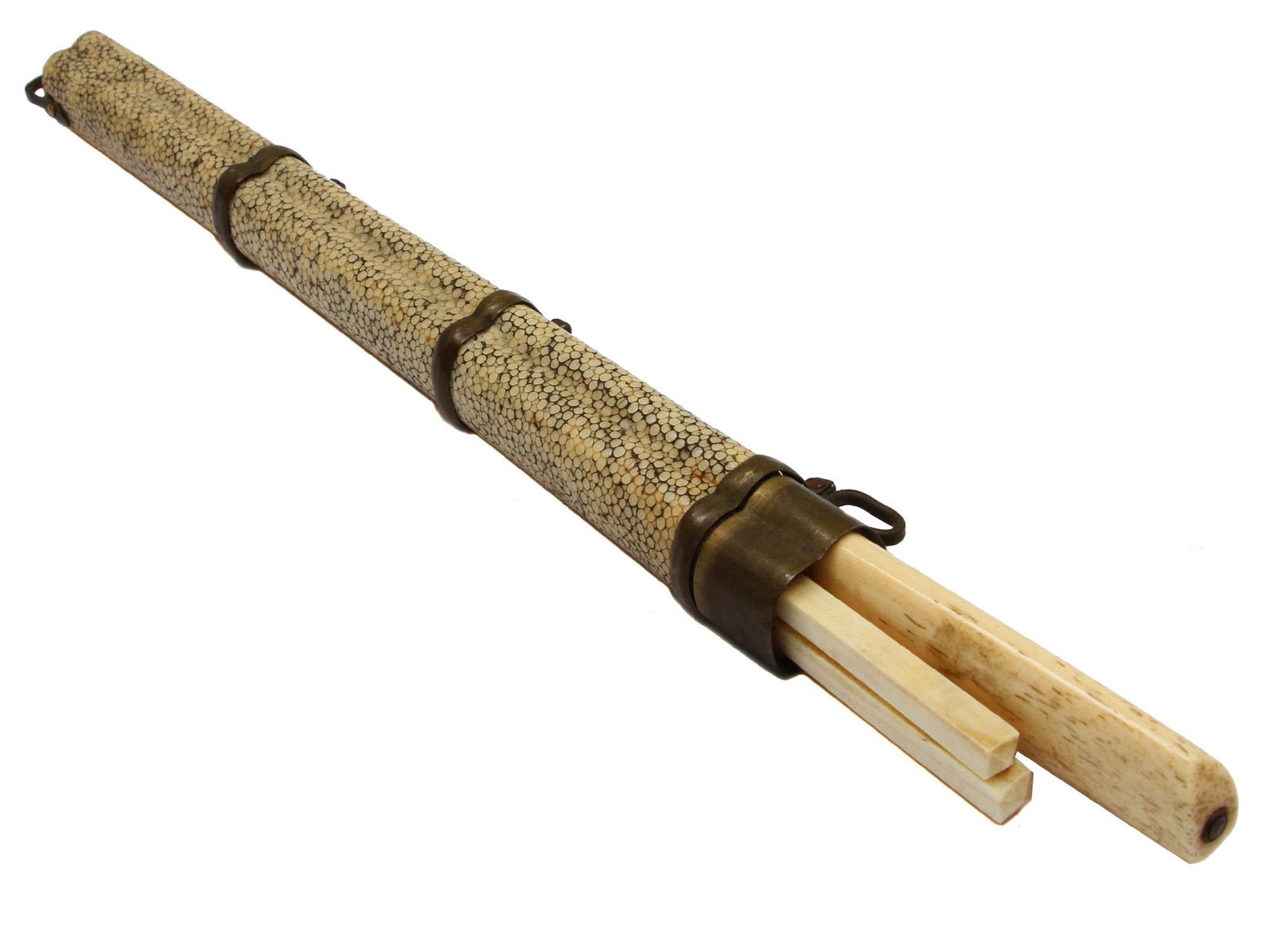 A TROUSSE SET WITH KNIFE, MONGOLIA OR CHINA: Mongolian or Chinese trousse set of carved chopstick and knife with carved bone handle. The case is covered with ray skin with brass mount. 19th C. Dimensions: L: 11 1/2 in., (29.2 cm.)