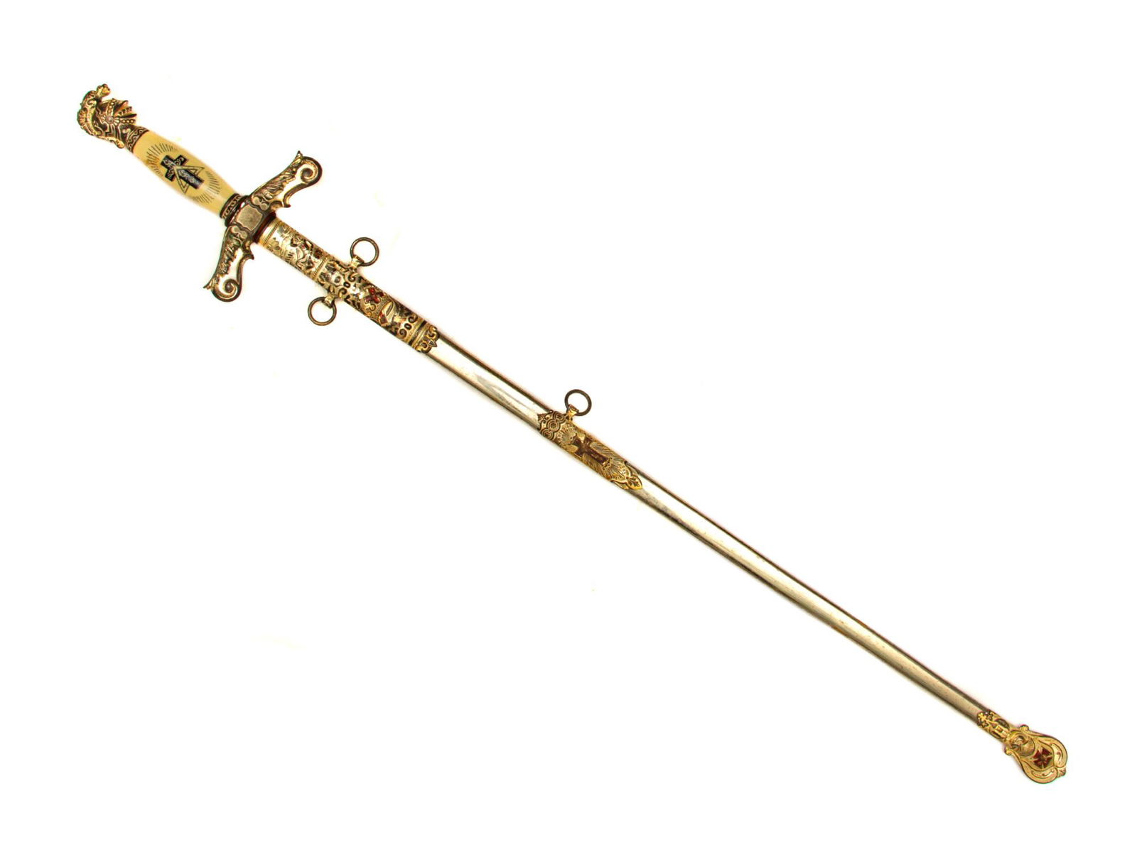 A GILT MASONIC CEREMONIAL SWORD WITH LEATHER CASE (1 of 10)
