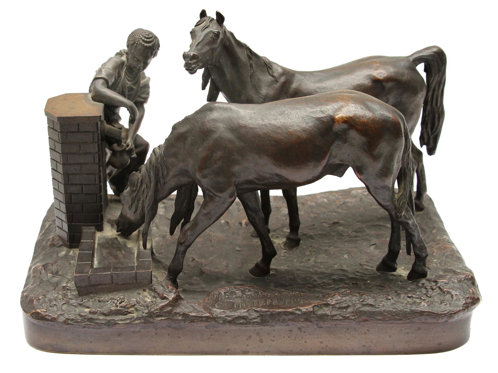 A RUSSIAN BRONZE COMPOSITION BY GRACHEV, 19TH C.: The composition is called "At the watering hole." By V. Ya. Grachev, St. Petersburg, 1885. Signed on the base: "GRACHEV" and "FACTORY K. F. VERFEL, St. PETERSBURG", a supplier of HIM since 1895.