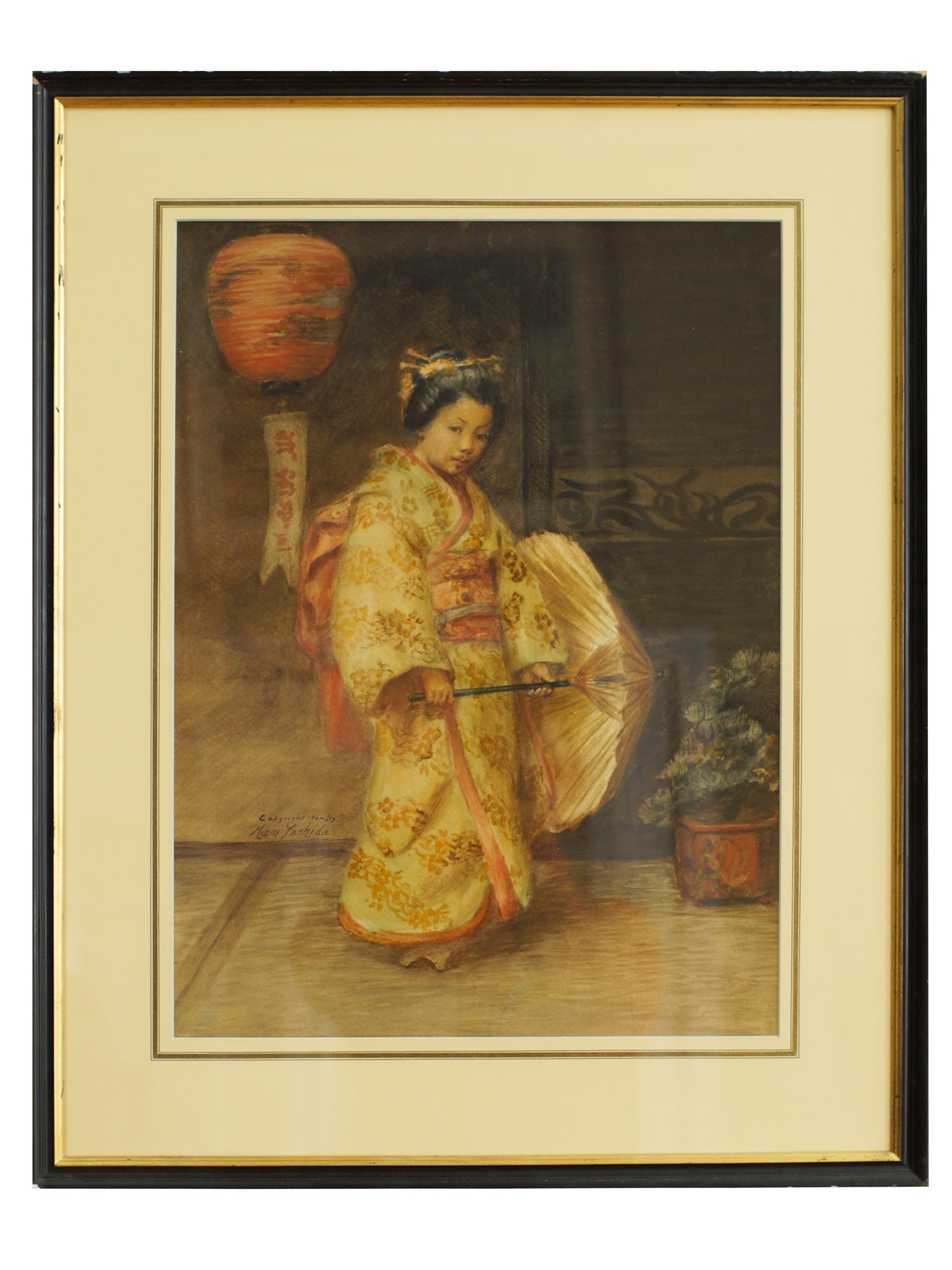A MIZIU YASHIDA, JAPANESE WATERCOLOR ON PAPER. 1904: The painting depicts a Japanese girl in the traditional dress. One can note a clear European influence on the artist's style. Signed lower-left. Dimensions: 15 x 20 in., (38 x 51 cm.) Frame 26 1/2 x 2