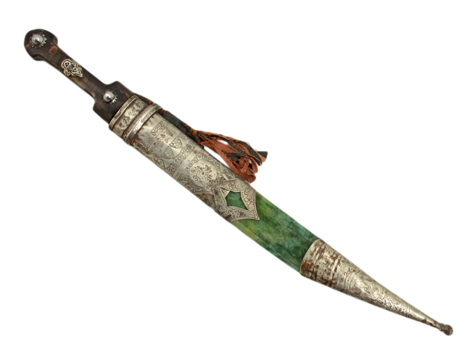 A PERSIAN ISLAMIC BEBUT DAGGER KNIFE: Hilt with horn scales retained by two silver rivets, slightly curved blade with three fullers on each side richly decorated with gold inlay with Arabic inscriptions and cartouche on either side, wood