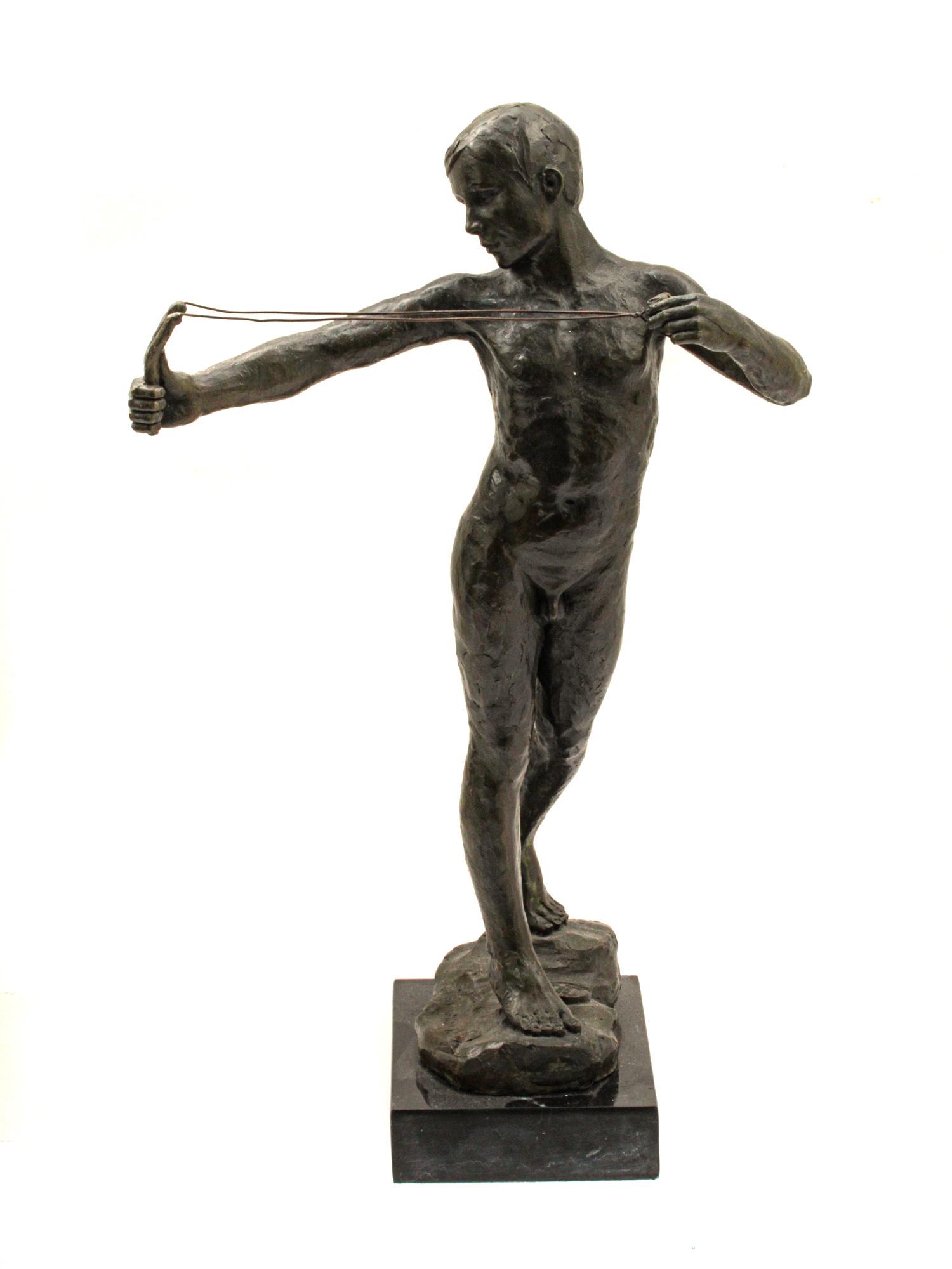 A SIR WILLIAM SIGNED BRONZE A YOUTH W A SLINGSHOT: The bronze depicts a figure of a young boy mounted on a black marble base pulling back a slingshot, the bronze signed: Sir William, Bronze Garanti, Paris, Antique Gallery.Footnote: Sir William Reid Di