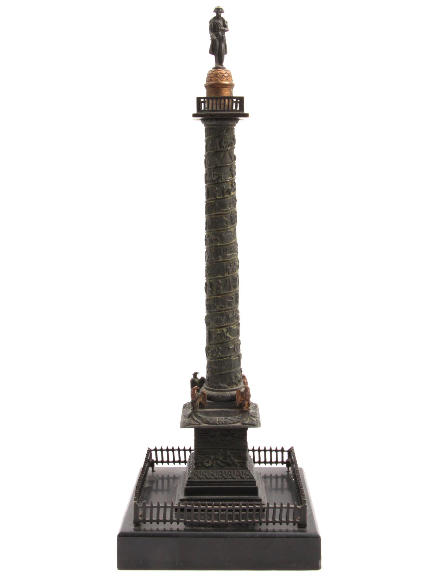 A BRONZE VENDOME COLUMN WITH NAPOLEON, 19TH C: A Grand Tour miniature bronze model of Vendome Column pointed with Napoleon's statue in the Place Vendome. This well-detailed figurine probably also served as a thermometer. A fluid tube is visible in