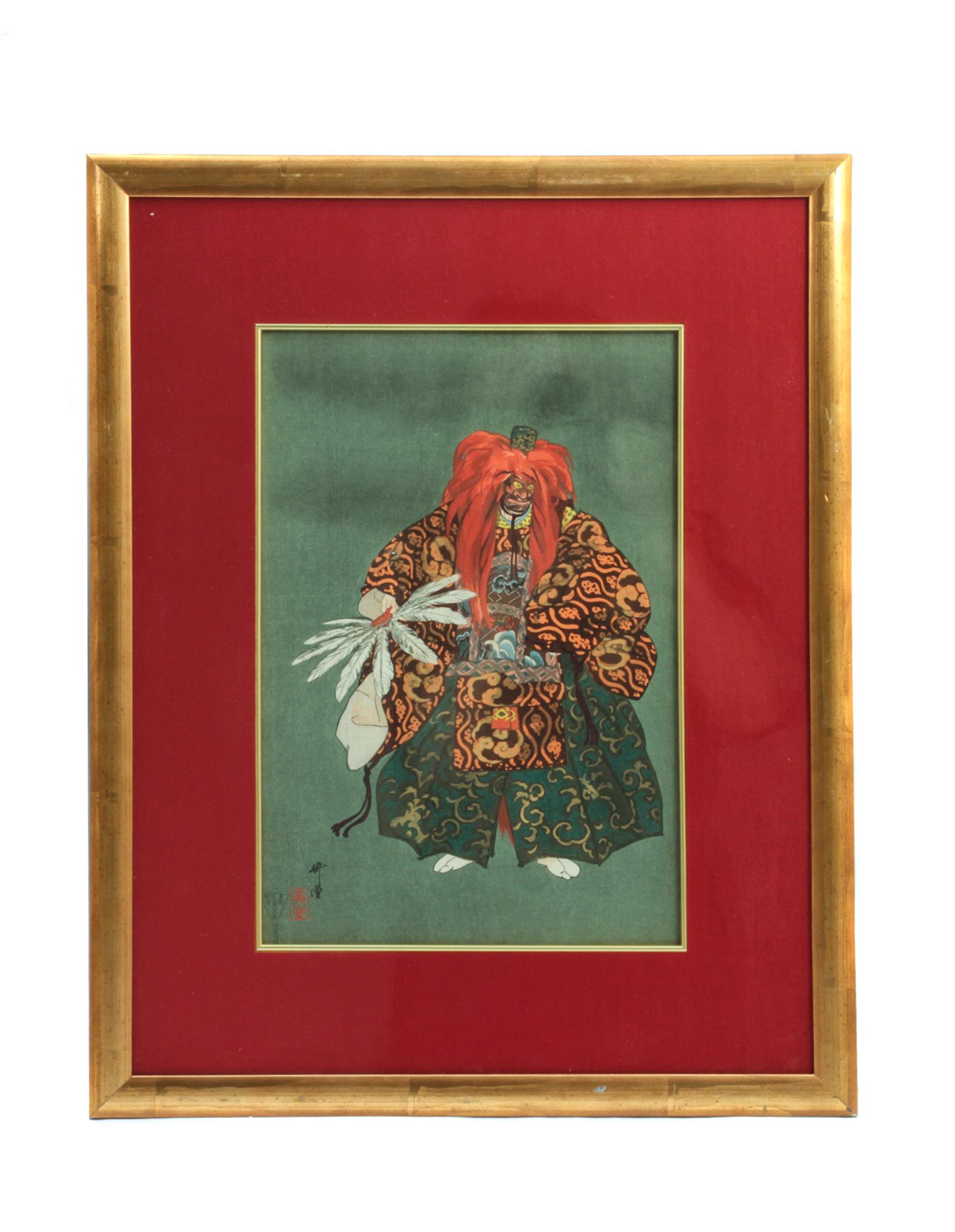 A JAPANESE WOODBLOCK PRINT BY TSUKIOKA KOGYO: An antique Japanese woodblock print "Kurama Tengu", from the series "One Hundred No Dramas (Nogaku hyakuban)" by Tsukioka KÅgyo. Tsukioka KÅgyo (1869â€“1927), a Japanese artist of the Meiji per