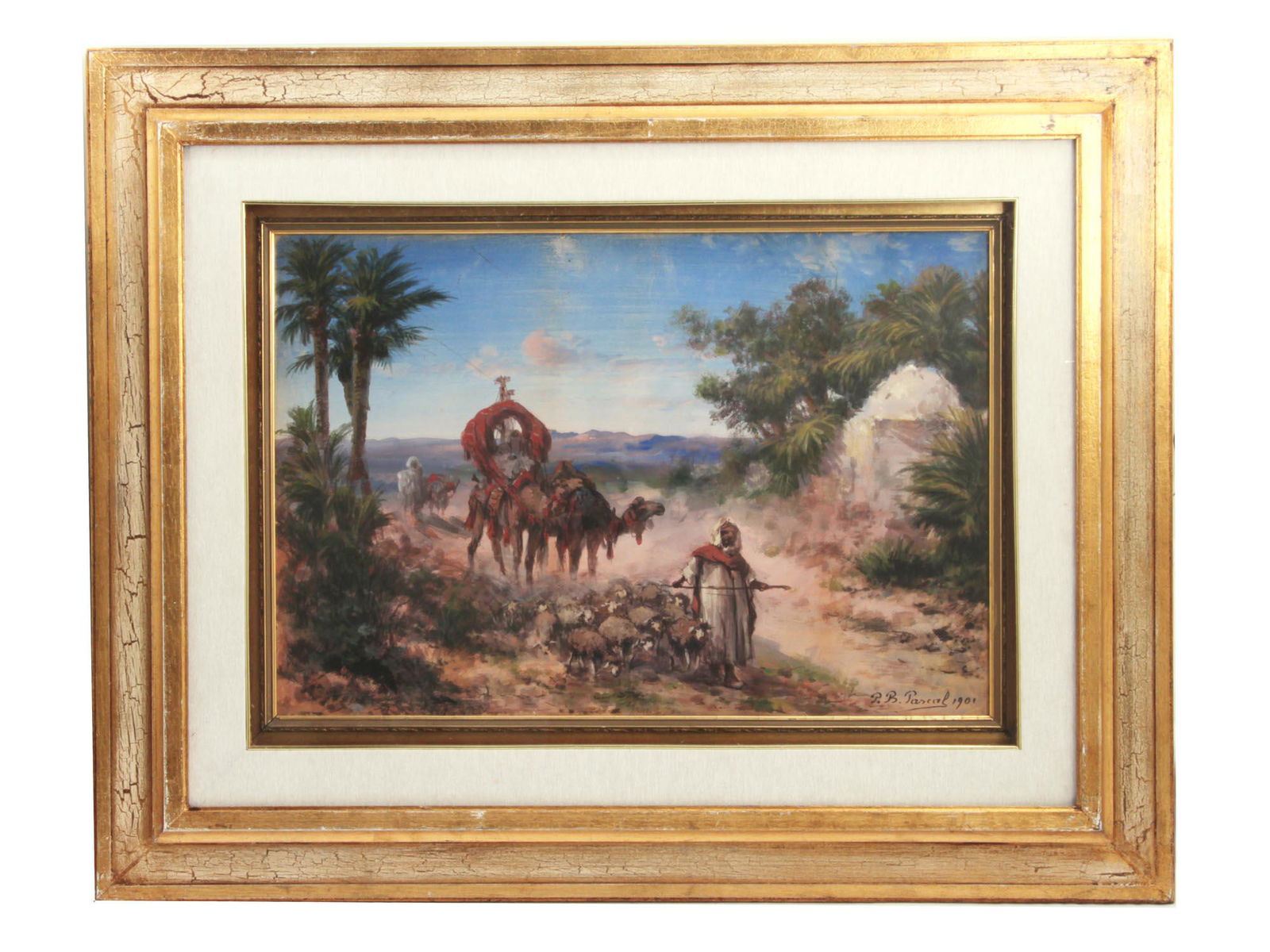 A LARGER GOUACHE WITH ARABIC SCENE OIL ON CANVAS: Paul Pascal (1839 - 1905) was a French landscape painter. He did landscape paintings of the Middle East and the Mediterranean coast with gouache. After he emigrated to the United States in 1893, he di