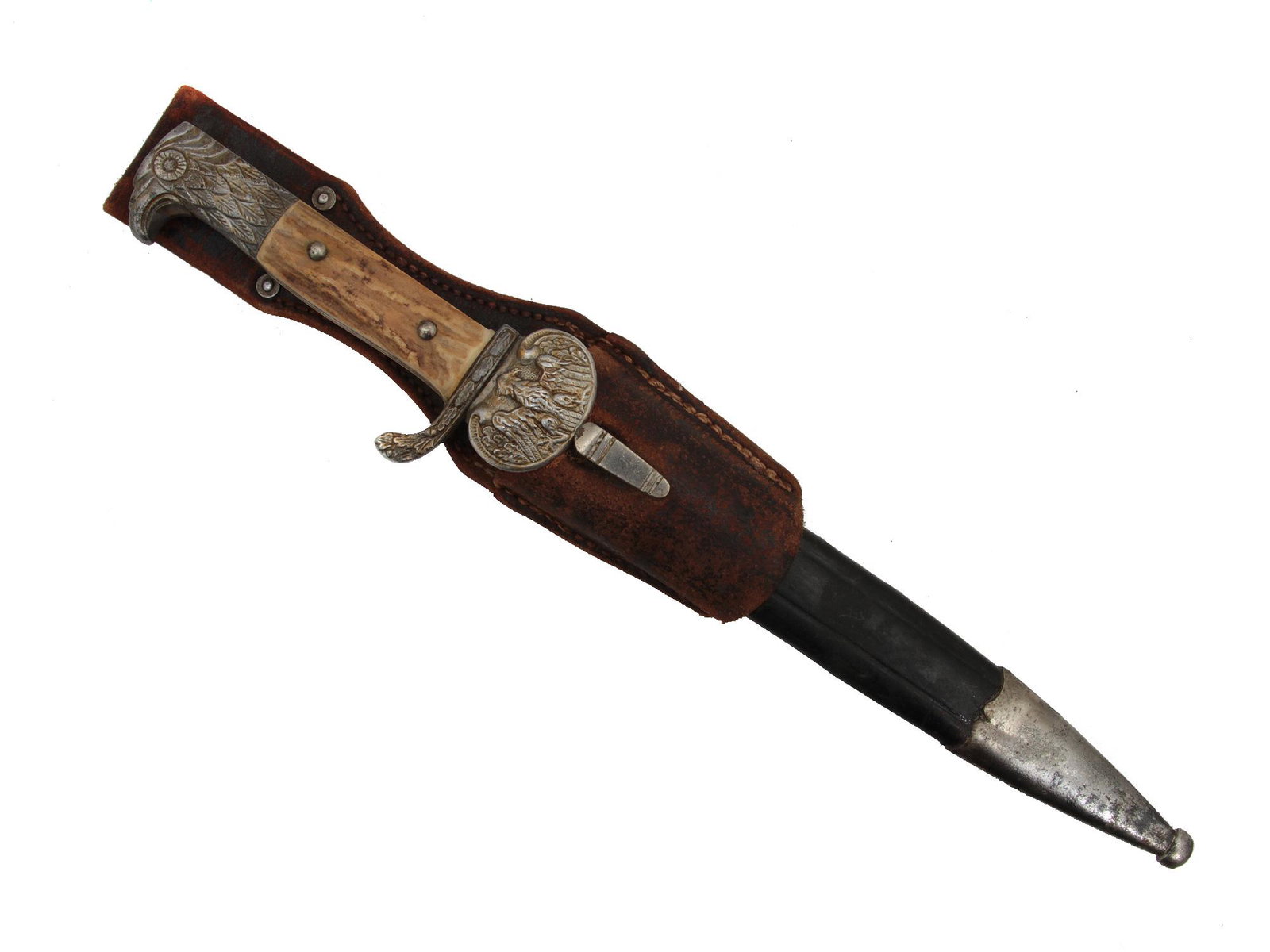 A NAZI GERMANY FIREFIGHTER BAYONET WITH FROG: Nazi Germany police dagger with a blade marked by Clemen & Jung in Solingen.Footnote: The company CLEMEN & JUNG was founded and registered with the Chamber of Commerce in 1860. Up until the destructio