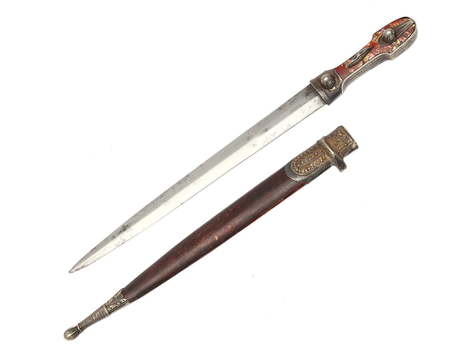 A CAUCASIAN GEORGIAN SILVER KINJAL DAGGER 19 C.: The blade is of a flattened diamond shape (characteristic of the Mingrel Region, Georgia), the scabbard is mounted in engraved gilt-silver and niello, a carved dyed grip scales fastened to the tang by