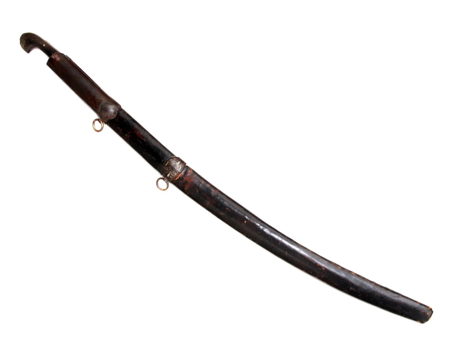 A CAUCASIAN SHASHKA WITH STEEL MUNTS, 19TH CEN.: With a horn eared hilt, curved fullered single-edged blade, wooden scabbard covered in dark-brown leather with steel silver-inlaid fittings.Late 19th - early 20th cc. Dimensions: L: 38 in., (96.52 cm.