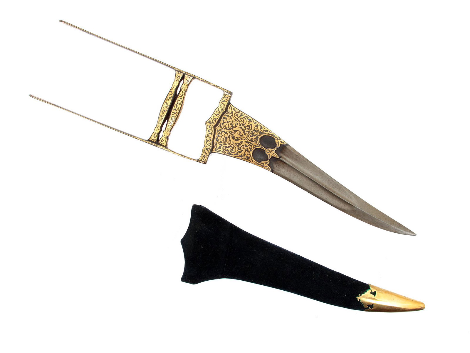 AN INDIAN DAMASCUS STEEL KATAR WITH GOLD INLAY: With a sharp double-edged steel blade, with a thick medial ridge and armor-piercing tip, the forte, handle and grip finely decorated with koftgari (gold-damascened) decoration of vegetal sprays, arabe
