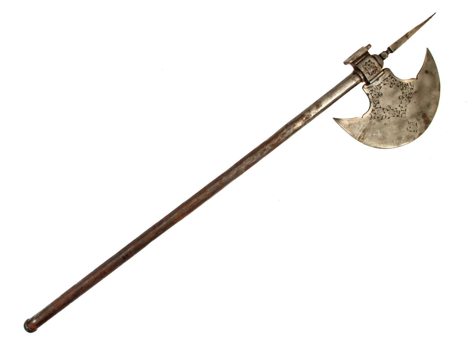AN INDIAN ISLAMIC BATTLE AXE TABRZIN, 19TH CEN.: An Indian (Sind) tabarzine (battle axe) with a crescent-shaped head with a square hammer opposite the blade, a steel shaft.Early 19th century. Dimensions: L: 33 in., (85 cm)