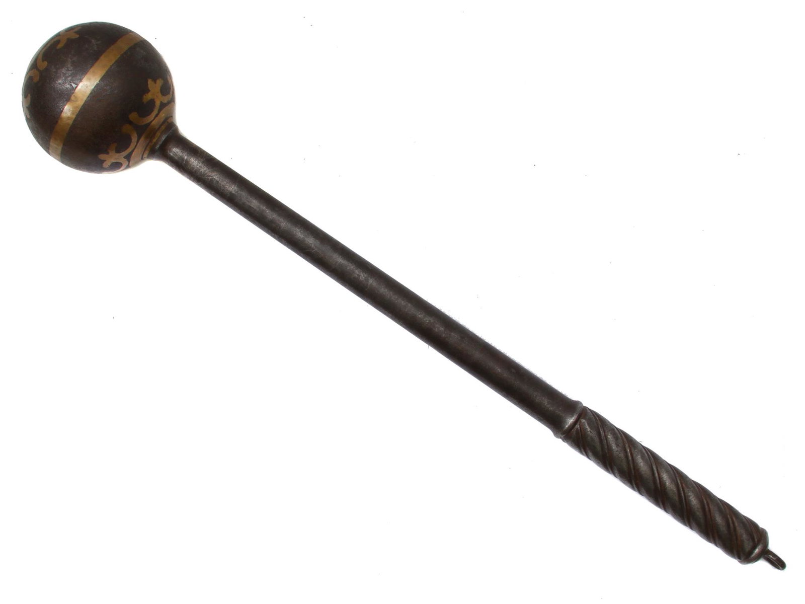 OTTOMAN ISLAMIC SOLID STEEL MACE WITH BRASS INLAY: A heavy solid steel Ottoman mace decorated with brass inlay, twisted hand-forged handle with suspension loop. Ca. 18th century.Weight: 8.52 lb., 3870 g. Dimensions: L: 21 in., (44 cm.)