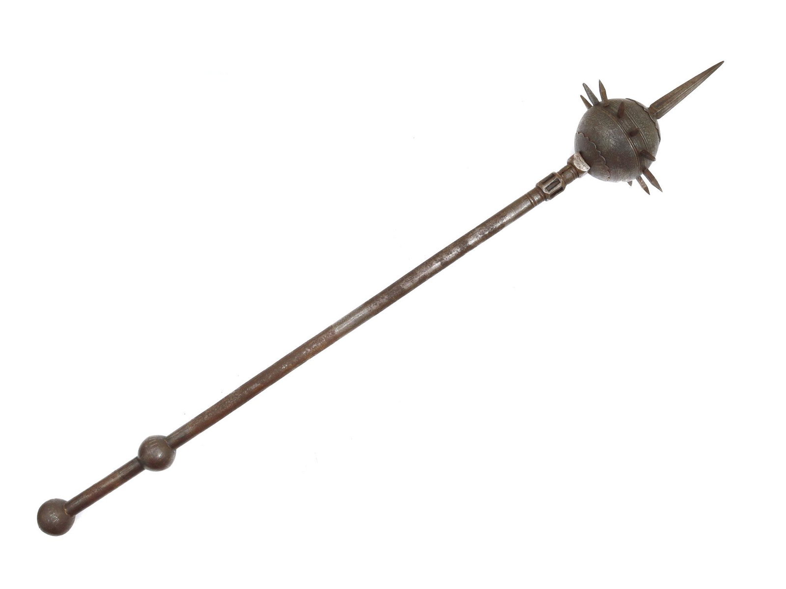 AN INDO-PERSIAN MACE WITH SILVER INLAY, 19TH C.: With a spherical head with spikes (two are missing), round shaft decorated with silver inlay.Late 18th - early 19th cc. Dimensions: L: 30 3/4 in., (78 cm.)