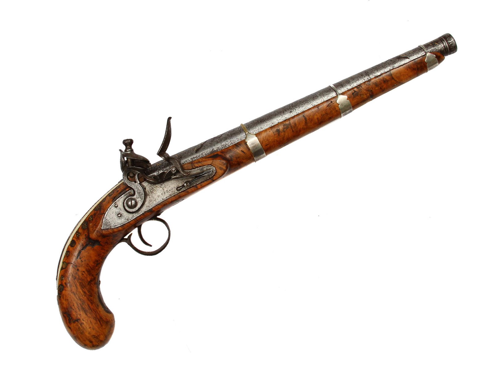 PERSIAN FLINTLOCK PISTOL W. ENGLISH LOCK, 19TH C.: Rare Transcaucasian flintlock pistol with chiseled Damascus steel barrel decorated with gold inlay at the breech and barrel tip. Tree rootstock featuring brass rosettes, trigger guard, and lock plate 