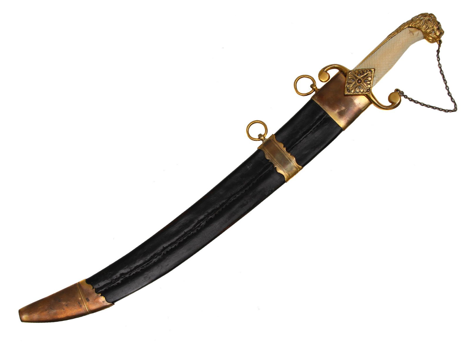 A BRITISH ROYAL NAVY OFFICER DIRK DAGGER 18TH C.: An unusual officer's dirk with broad curved blade double-edged towards the point, gilt and etched over half its length on each side with foliage, depicting the bust of an armed turbaned Turk in profil