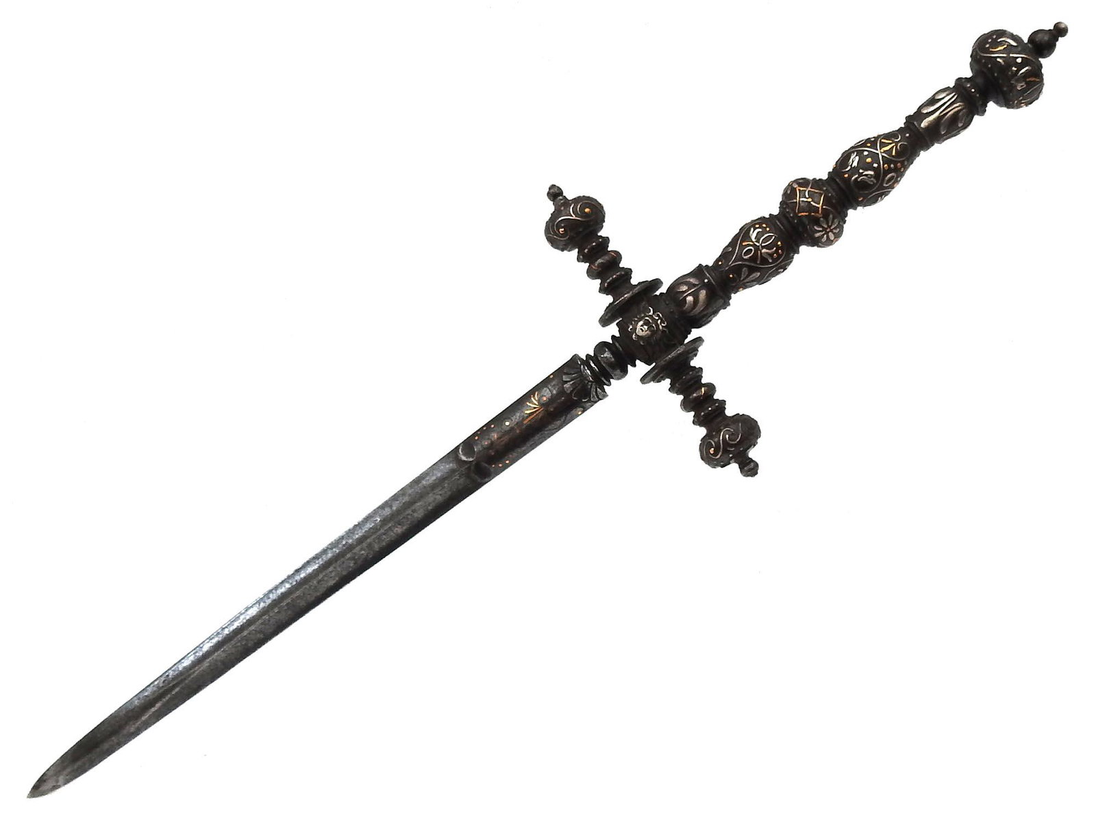 A FINE 18TH CEN ITALIAN STILETTO DAGGER: An incredible 18th-century Italian stiletto dagger superbly chiseled, bearing various silver and gilt inlay decorations to the hilt, crossguard, and formidable blade. Dimensions: L: 12 1/5 in. (31 cm.