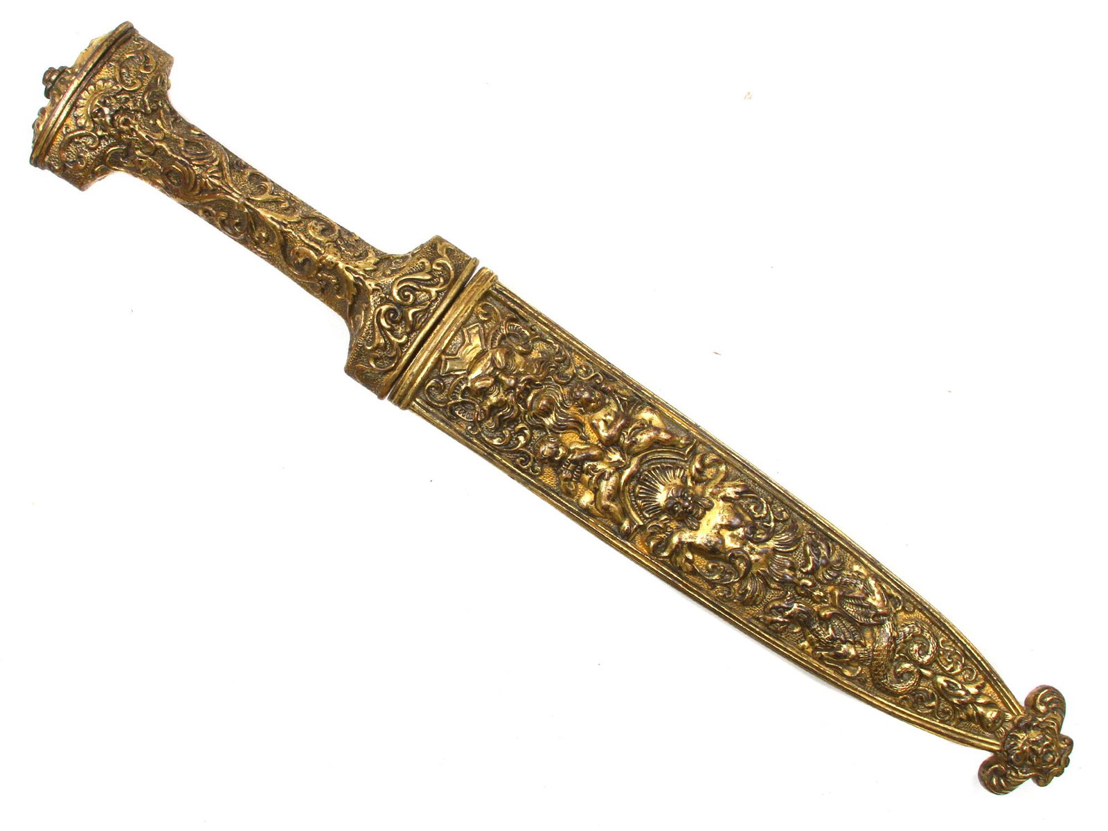 AN EXHIBITION QUALITY ROMANTIC DAGGER, 19 CEN.: With gilt-brass repousse hilt and scabbard featuring mythological creatures and double-edged pointy blade.Ca. second half of the 19th century. Dimensions: L: 11 in., (28 cm.)