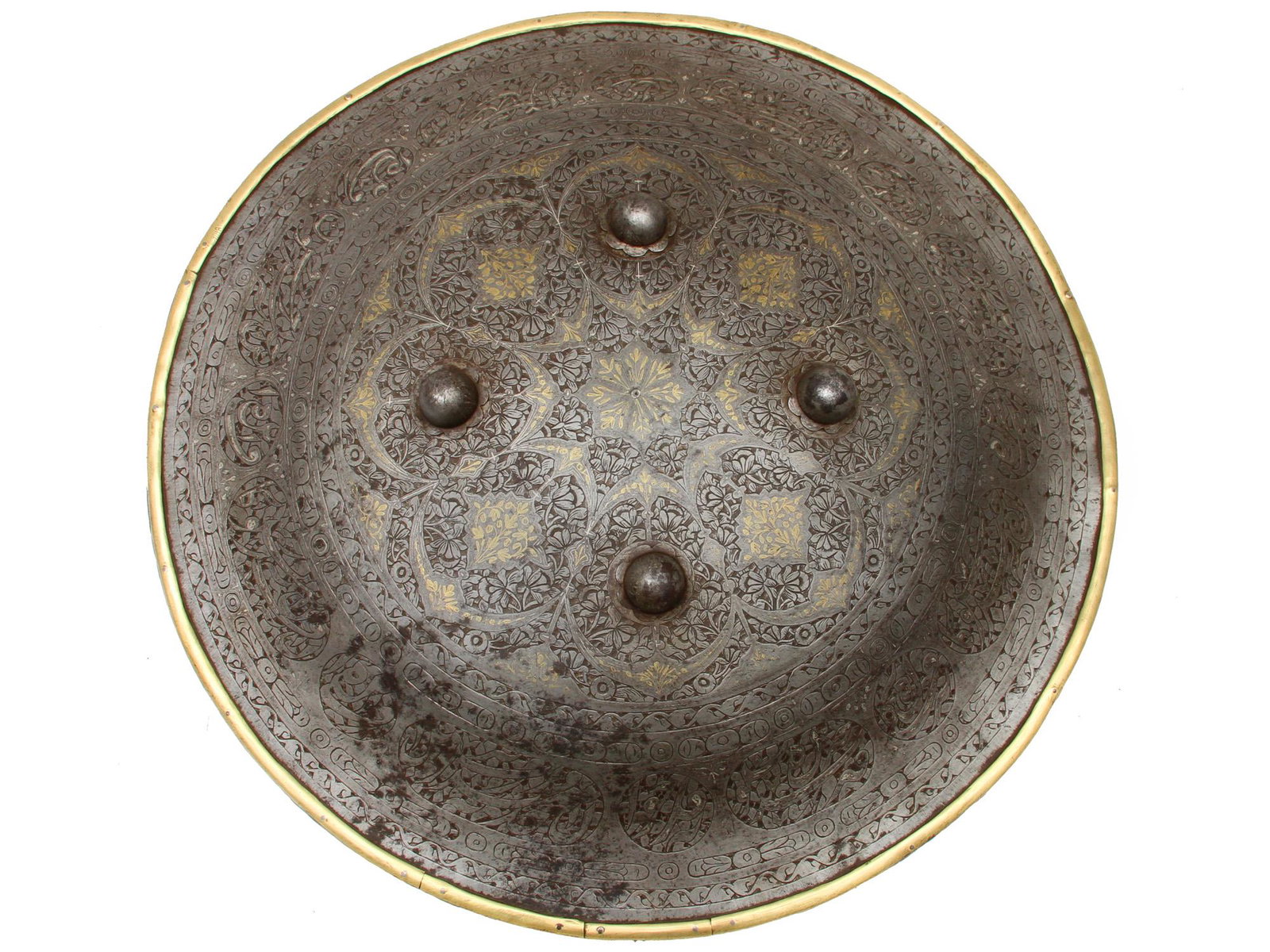 ISLAMIC QAJAR PERIOD SHIELD W ARABIC INSCRIPTIONS: The shield features four domes and chased bouquets of partially damascened flowers gold inlay. There are cartouches around the shield each with an inscription in "Nastaliq". Iran, 19th century. Dimens