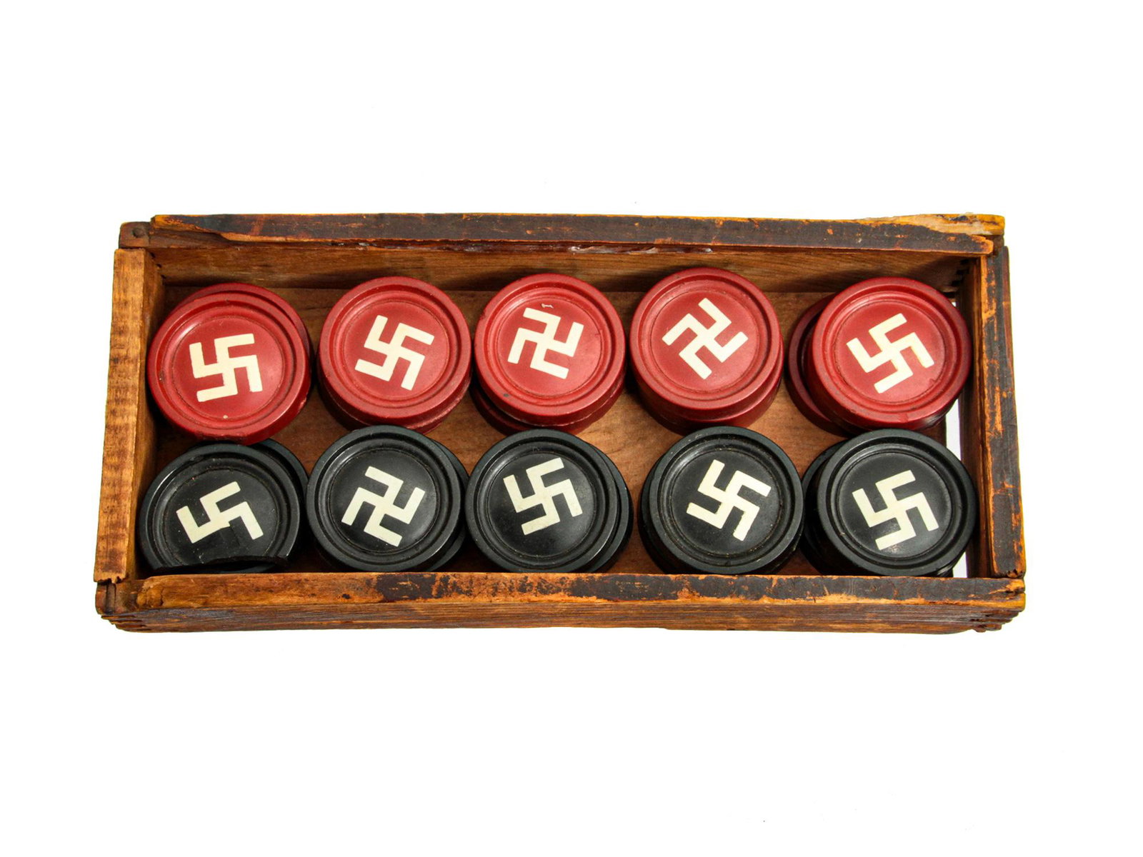 A RARE CASED SET OF NAZI GERMAN CHECKERS WWII: A set of Nazi Germany checkers in the original wooden case.Ca. 1940 Dimensions: Box 7 x 3 3/8 in. (17.8 x 8.6 cm.) H: 1 1/2 in. (3.8 cm)