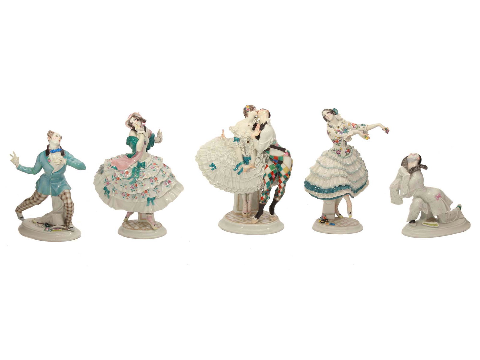 A MEISSEN RUSSIAN BALLET PORCELAIN GROUPING: A grouping of five Meissen figurines Russian Ballet Carnival by Paul Scheurich. The dancers are Mikhail Fokin as Harlequin and Tamara Karsavina as Colombino, 1913-1923. Blue crossed swords Meissen mar