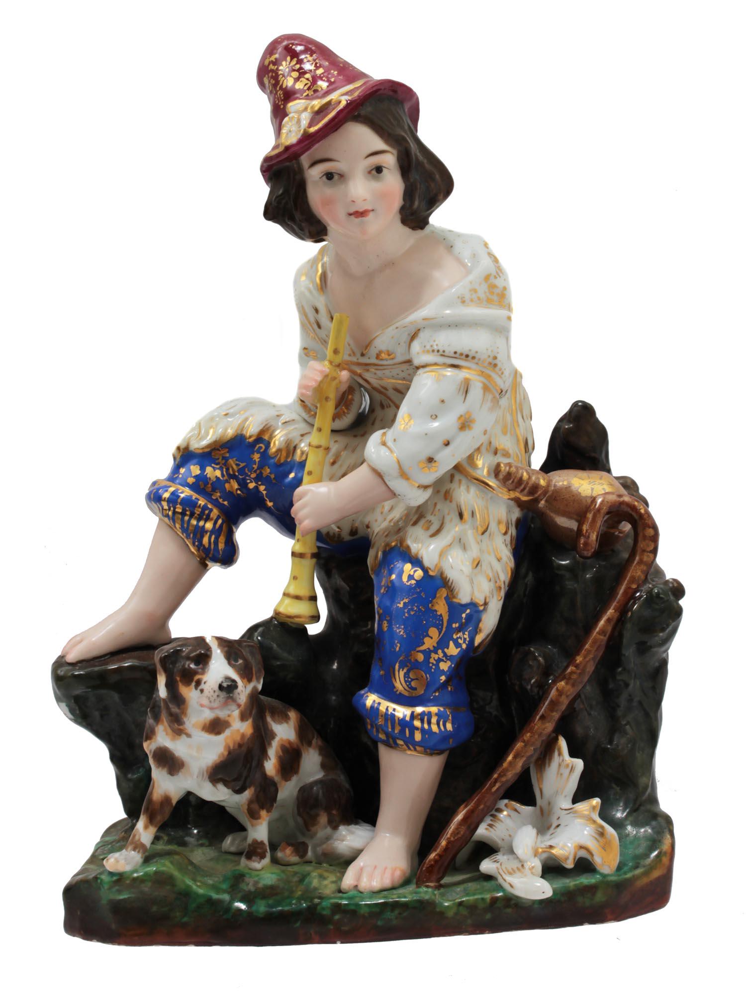 AN ANTIQUE RUSSIAN PORCELAIN FIGURINE BY KORNILOV: A charming Rococo statuette made at the famous Porcelain Factory of the Kornilov Brothers. It depicts a young shepherd boy dressed in a crimson cap, a loose shirt, a sheepskin tied over his shoulder,