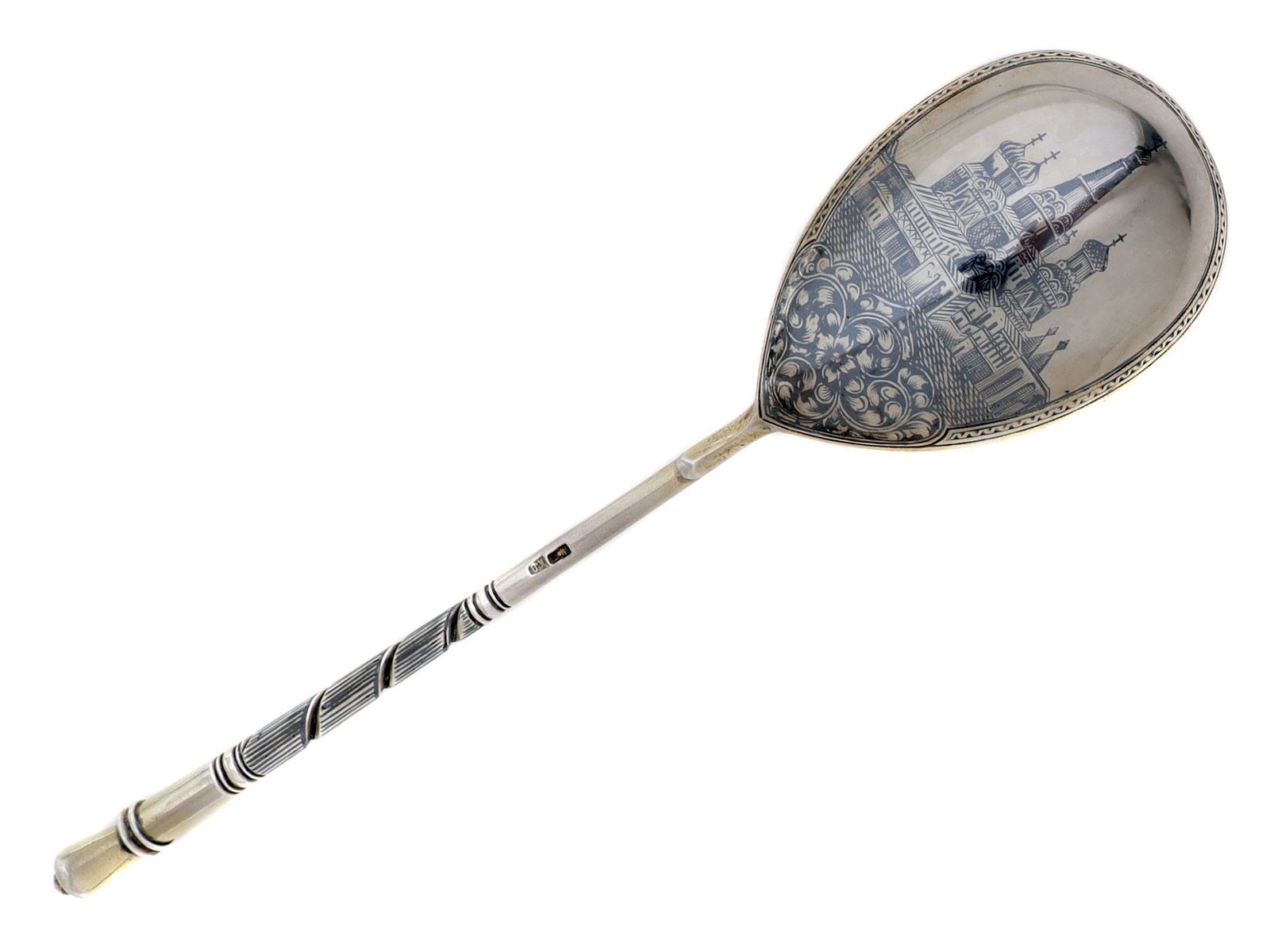 A RUSSIAN SILVER AND NIELLO SPOON, 19TH CEN. (1 of 3)
