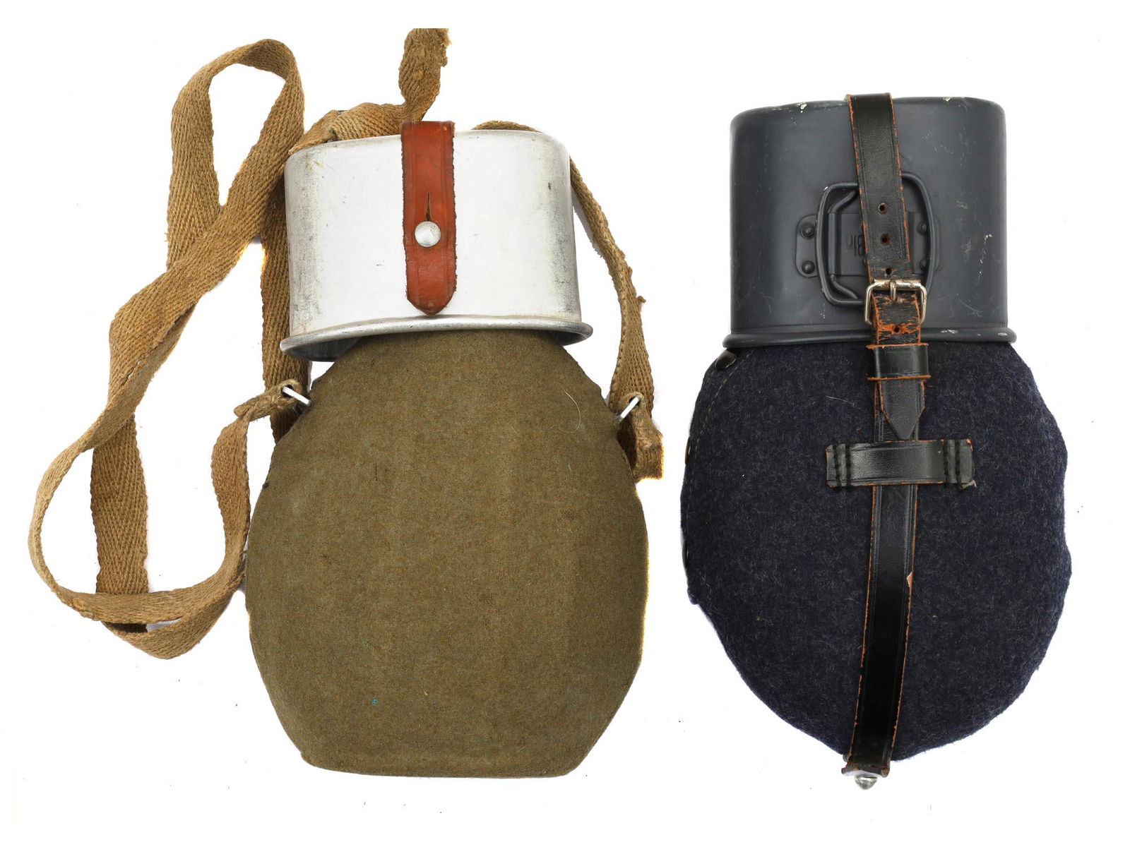 TWO GERMAN WWII M31 CANTEENS, FLASKS: Two original German M31 aluminum canteen and flask with felt cover and strap. Marked by the manufacturer.