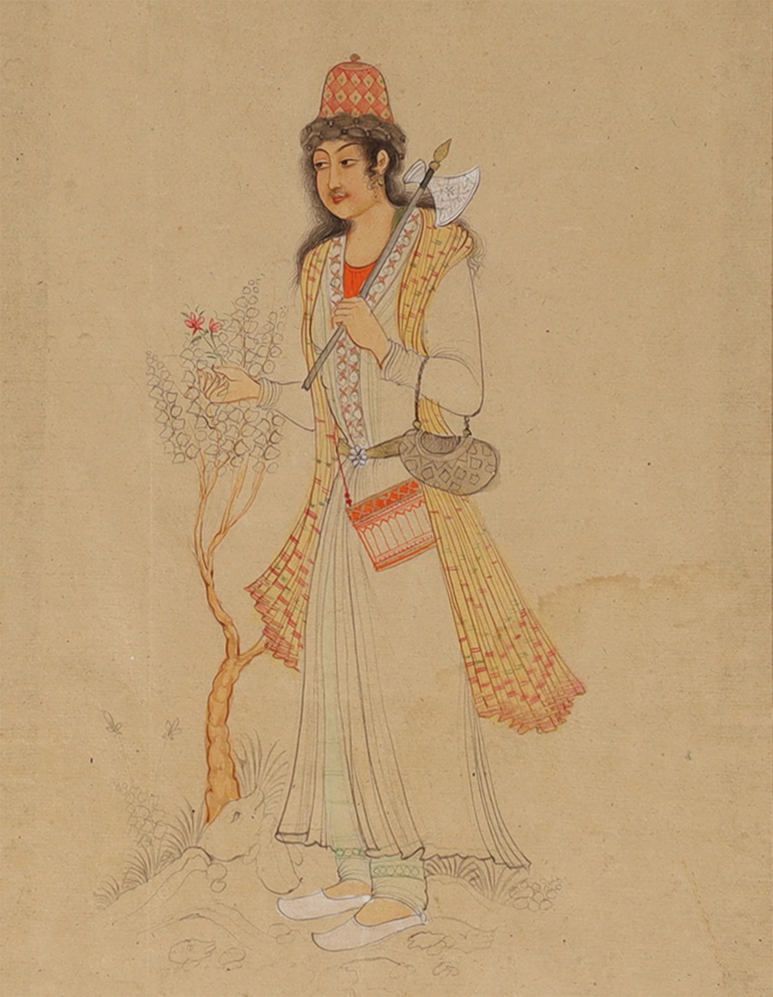 PERSIAN MINIATURE PICTURE MAN WITH AXE & KASHKUL (1 of 2)