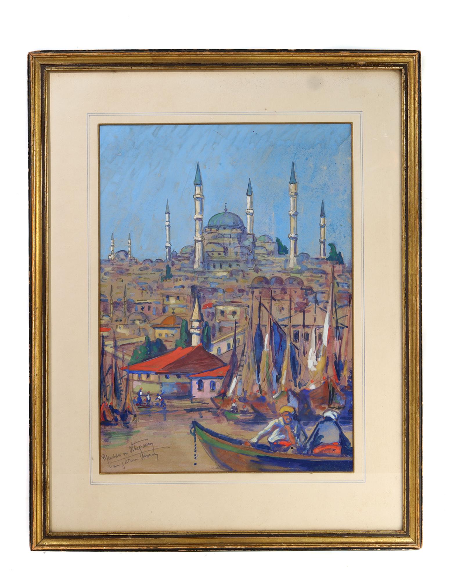 VIEW OF CONSTANTINOPLE BY PFAEHLER VON OTHEGRAVEN: A view of Constantinople by Pfaehler von Othegraven (Pfaehler von Othegraven, Reinhard 1875 Frankfurt am Main - 1932). The artist dedicated a lot of paintings to the WW1 Front. Since Germany was allie