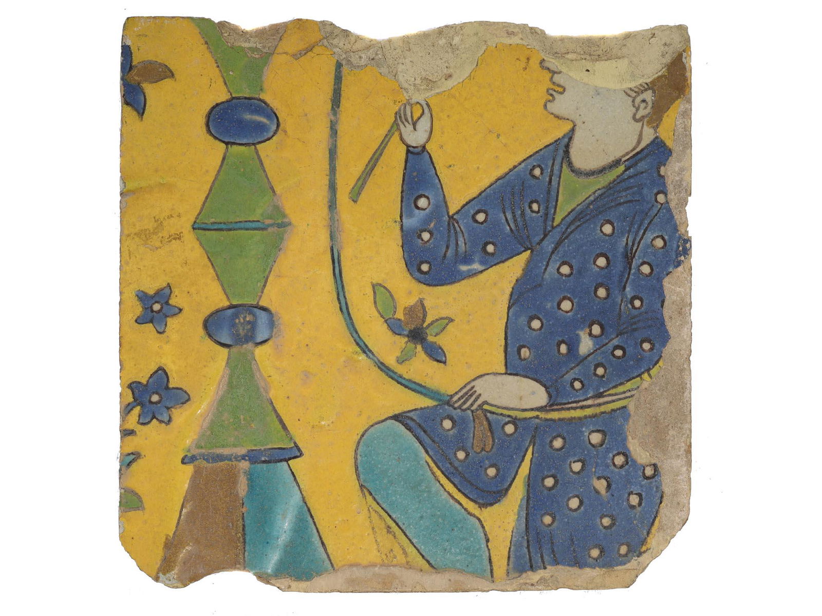 A SAFAVID CUERDA SECA POTTERY TILE, 17TH CEN. (1 of 2)