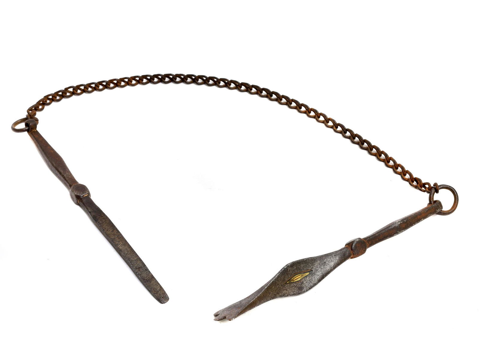 A RARE CHAINED STEEL TIBETAN RITUAL OBJECT, 19 C. (1 of 4)