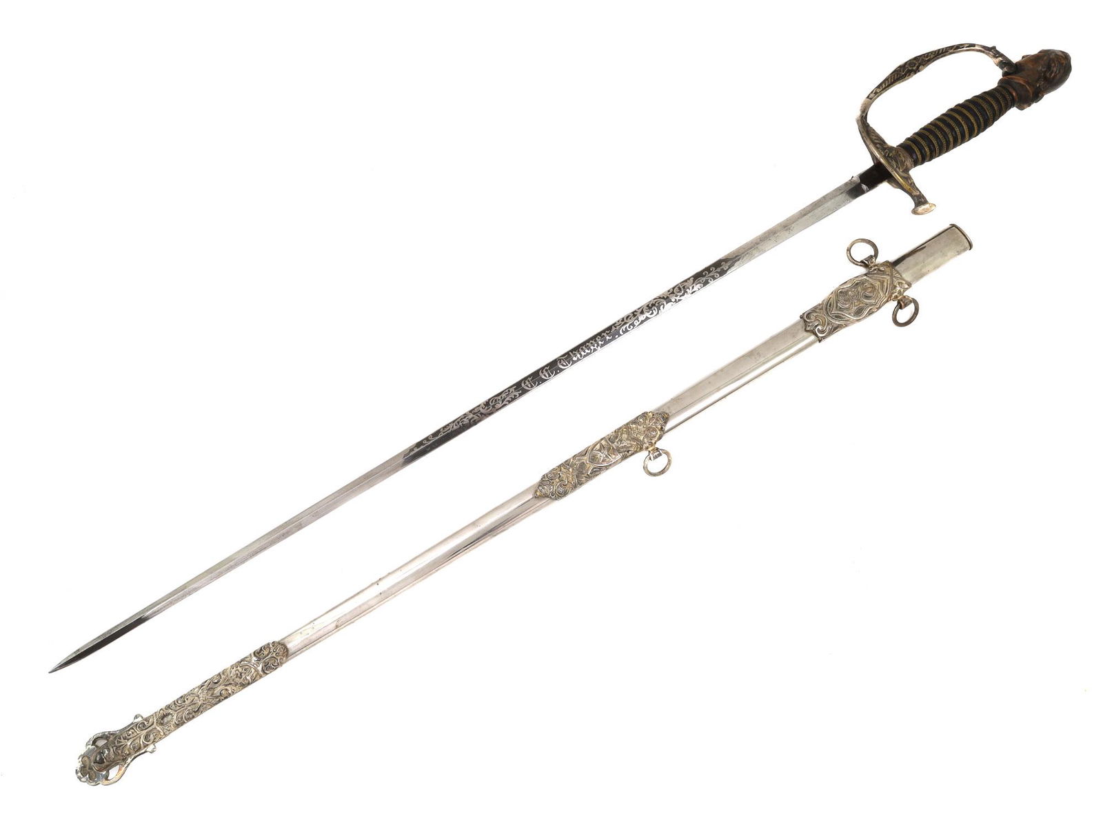 A PATRIOTIC ORDER SONS OF AMERICA MASONIC SWORD: A nice example of the Patriotic Order Sons of America fraternal sword. The blade is decorated with etching and bluing. It bears the abbreviation of the order name: P.O.S.ofA. and the owner's name on t