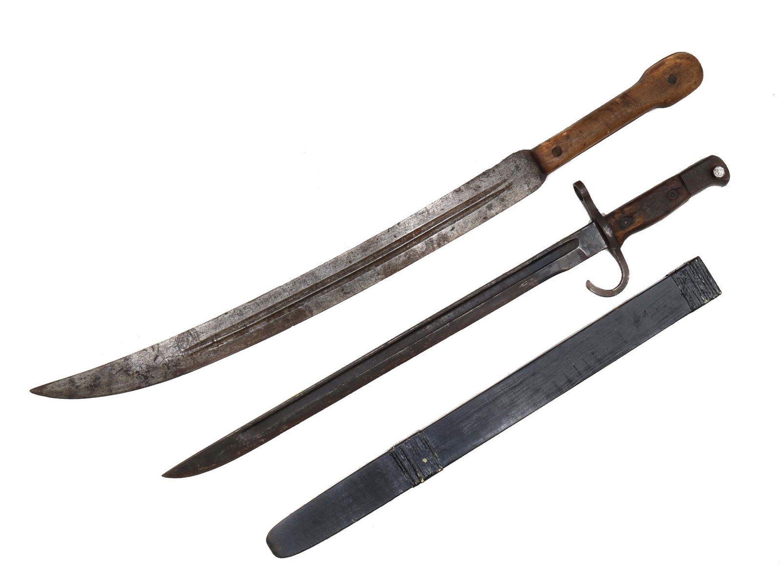A LOT OF TWO BAYONETS: A lot of 2 items:1. A sidearm based on a Russian bebut M1907 without a scabbard, unmarked.2. A Japanese bayonet modified model 1897 (Type 30) for the Type 99 Arisaka rifle with a wooden scabbard, manu