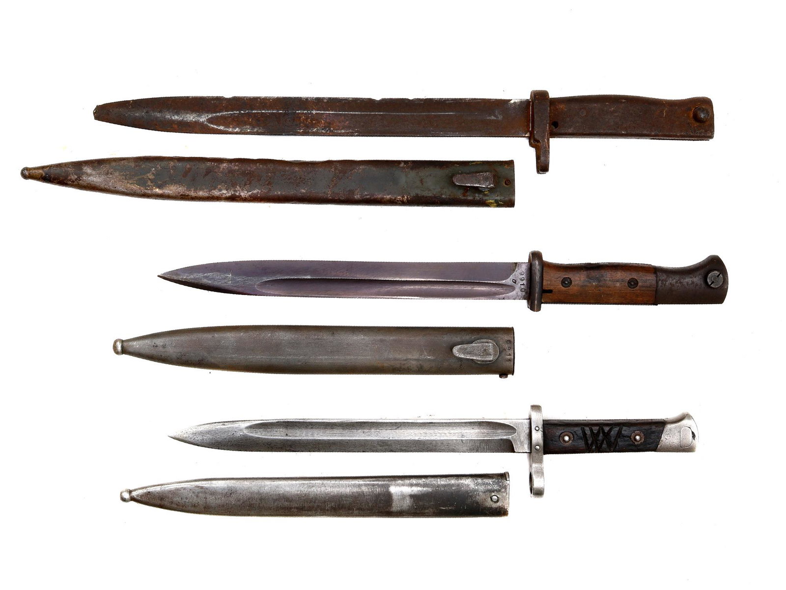 A LOT OF THREE GERMAN AND AUSTRIAN BAYONETS: This lot consists of three bayonets: 1) A German S88/98 bayonet for the Mauser rifles 2) A German 1884/98 bayonet for the Mauser rifle, new type; 3) An Austro-Hungarian M1985 bayonet for Manlicher M18