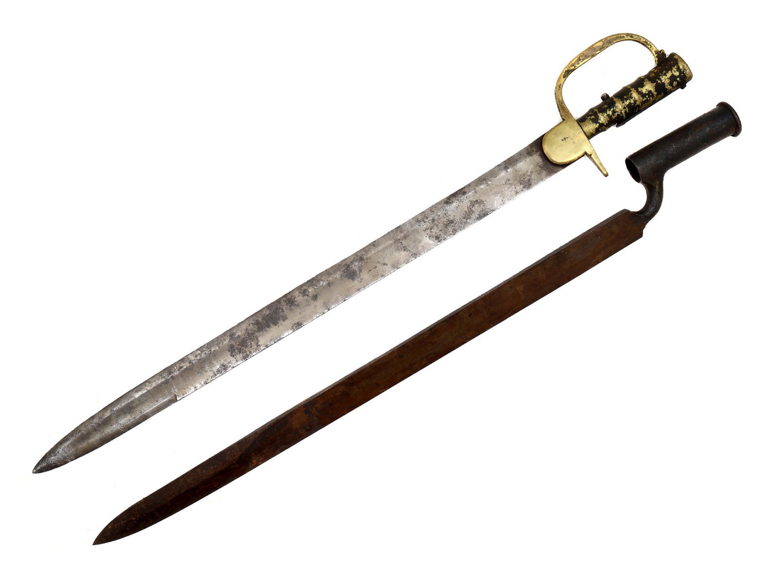 A LOT OF TWO BAYONETS NEPALESE AND EUROPEAN: 1. A Nepalese sword bayonet for .704 caliber Brunswick percussion rifle.2. A European spike bayonet, end of 19th Century. Dimensions: L: 26 3/4 in., (68 cm.)