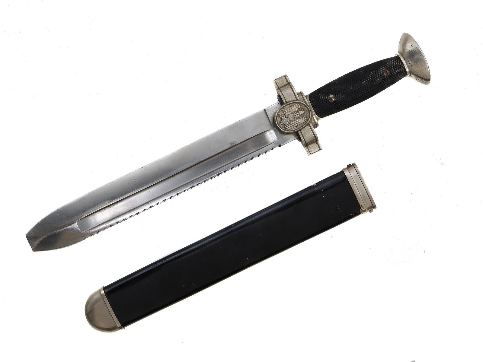 A WWII NAZI RED CROSS SAWBACK HEWER DAGGER: A Third Reich Red Cross enlisted manâ€™s Hewer. Nickel-plated hilt fittings, pommel, and crossguard with a cast white metal Red Cross emblem on the obverse langet. Black bakelite grip plates. Dou
