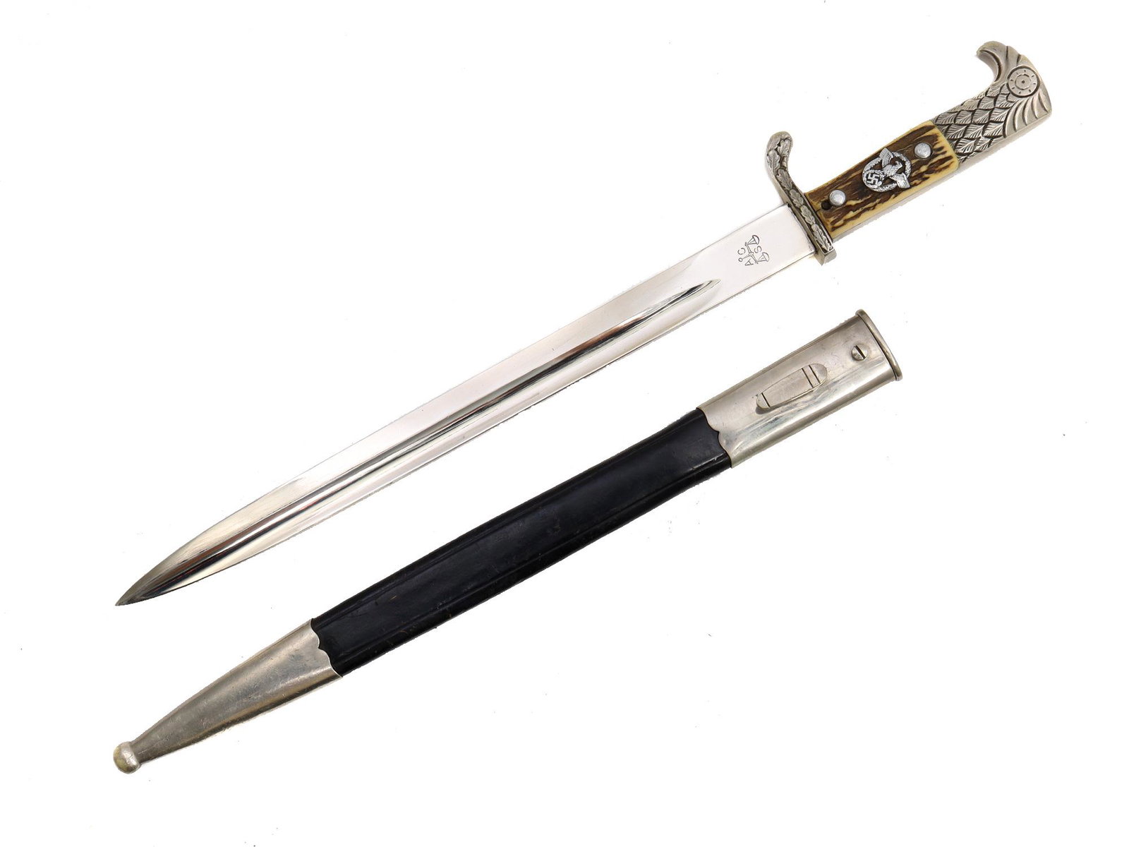 A GERMAN WWII POLICE DRESS BAYONET BY ALEXANDER COPPEL: A German dress bayonet marked by ALEXANDER COPPEL SOLINGEN on ricasso; etched cross guard and scabbard throat are stamped with matching "S.H. 1018" (Hanover Police). Black leather scabbard with metal 