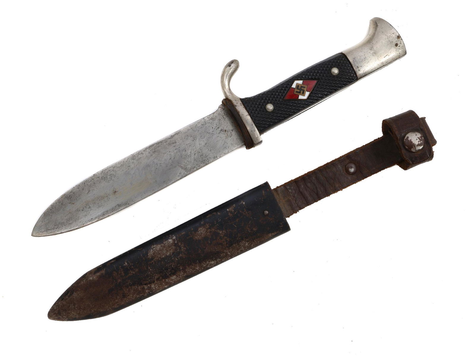 A GERMAN WWII HITLER YOUTH DAGGER KNIFE BY F. PLÃœCKER: A German HJ Knife marked on the blade by Solingen blade maker "F. PLÃœCKER JR. / SOLINGEN / GES. GESCHUTZT”, nickel-plated handle with black checkered bakelite grip scales secured by two rivet